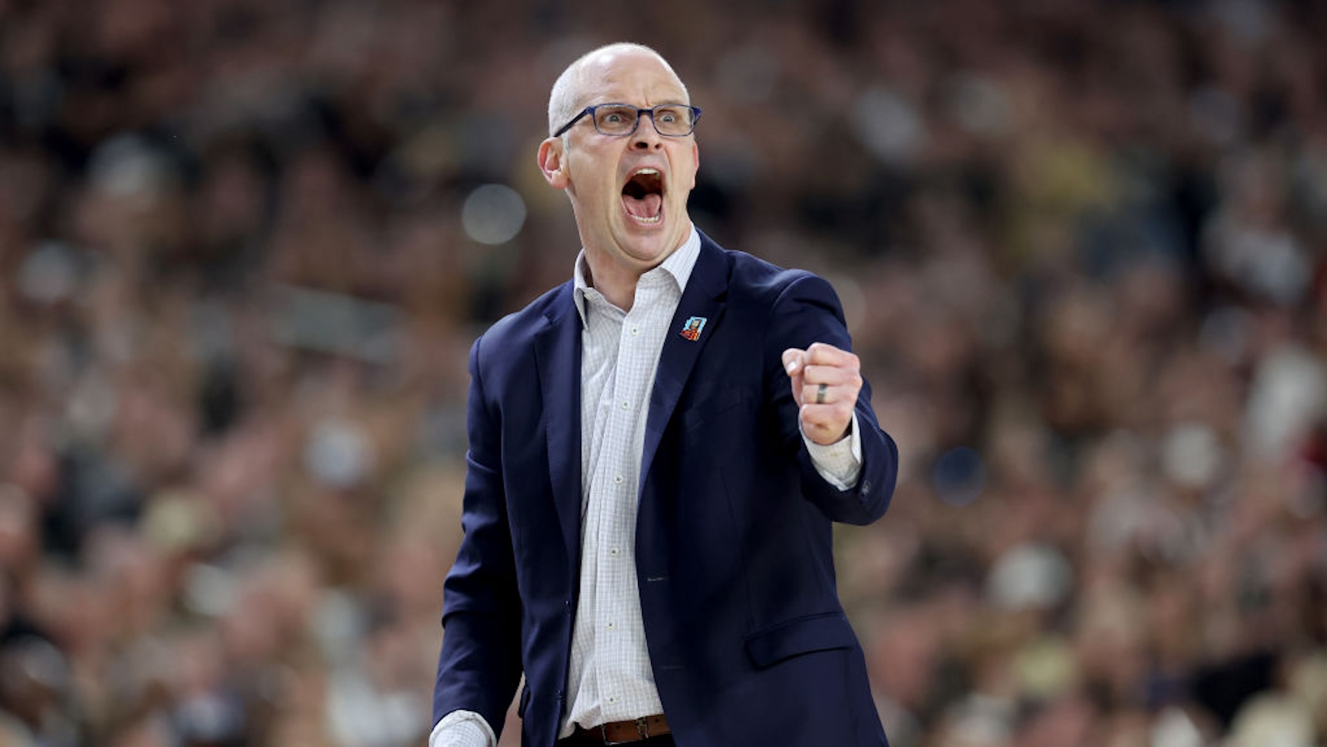 Head coach Dan Hurley of the Connecticut Huskies reacts in the first half against the Purdue Boilermakers during the NCAA Men's Basketball Tournament National Championship game at State Farm Stadium on April 08, 2024 in Glendale, Arizona.