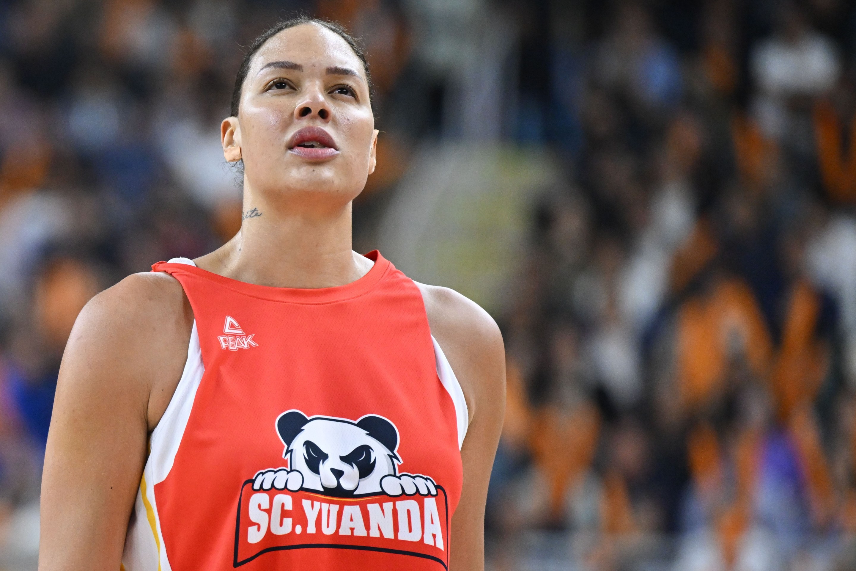 Elizabeth Cambage of Sichuan reacts during Game 5 of the Women's Chinese Basketball Association WCBA league Finals between Sichuan and Inner Mongolia in Hohhot, north China's Inner Mongolia Autonomous Region, April 22, 2024.