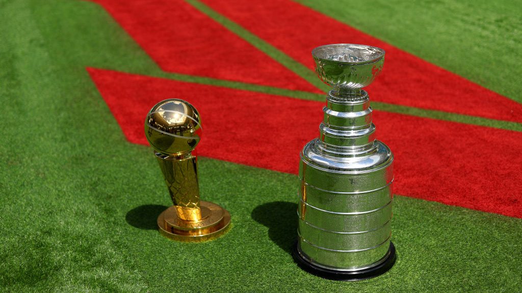 The NBA Finals Larry O'Brien Championship Trophy and the NHL Stanley Cup are pictured in the Paddock during previews ahead of the F1 Grand Prix of Miami at Miami International Autodrome on May 02, 2024 in Miami, Florida.