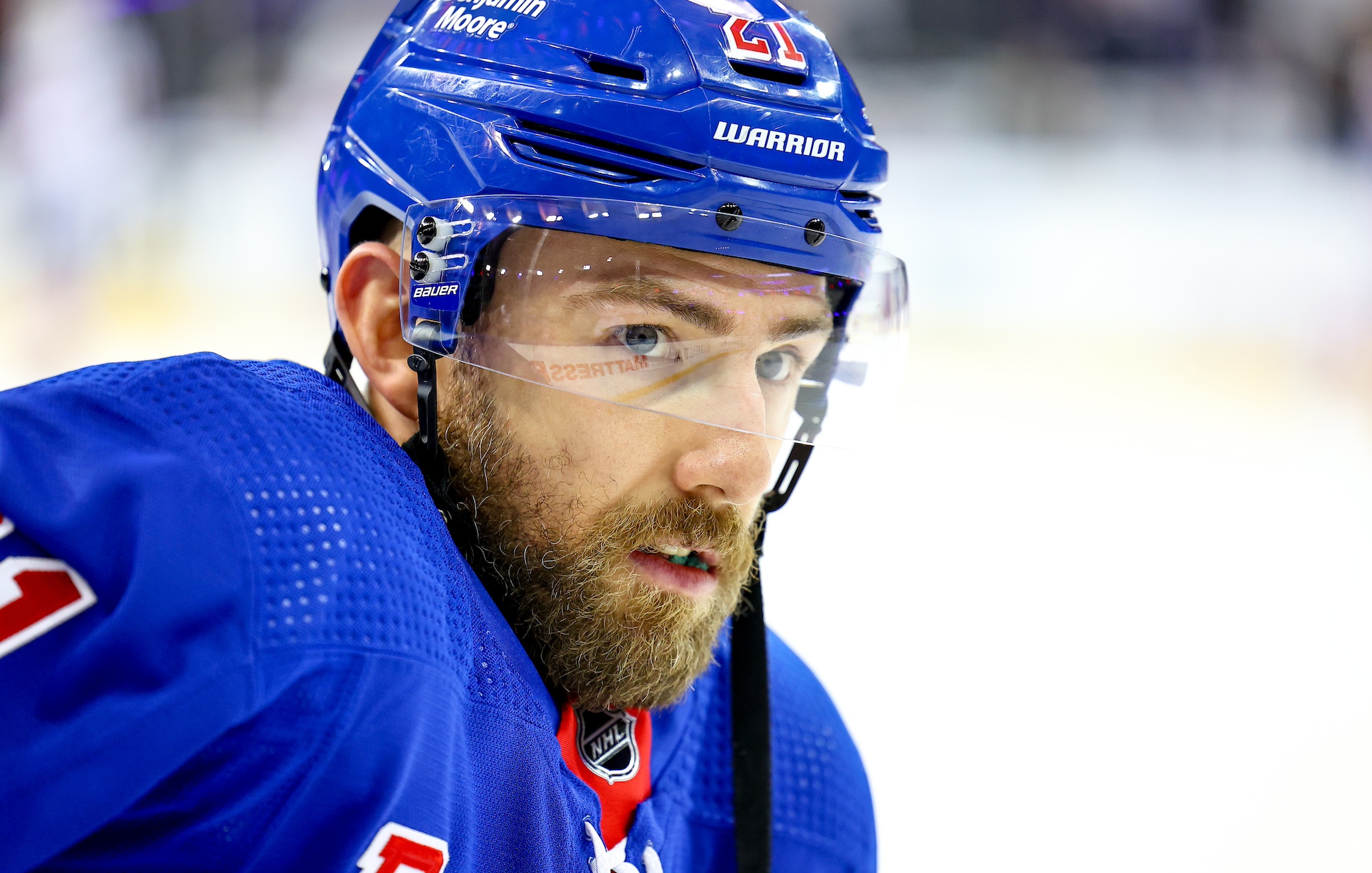 NEW YORK, NY - MAY 30: Barclay Goodrow #21 of the New York Rangers prior to the National Hockey League Eastern Conference Final game 5 against the Florida Panthers on May 30, 2024 at Madison Square Garden in New York. (Photo by Rich Graessle/Icon Sportswire via Getty Images)