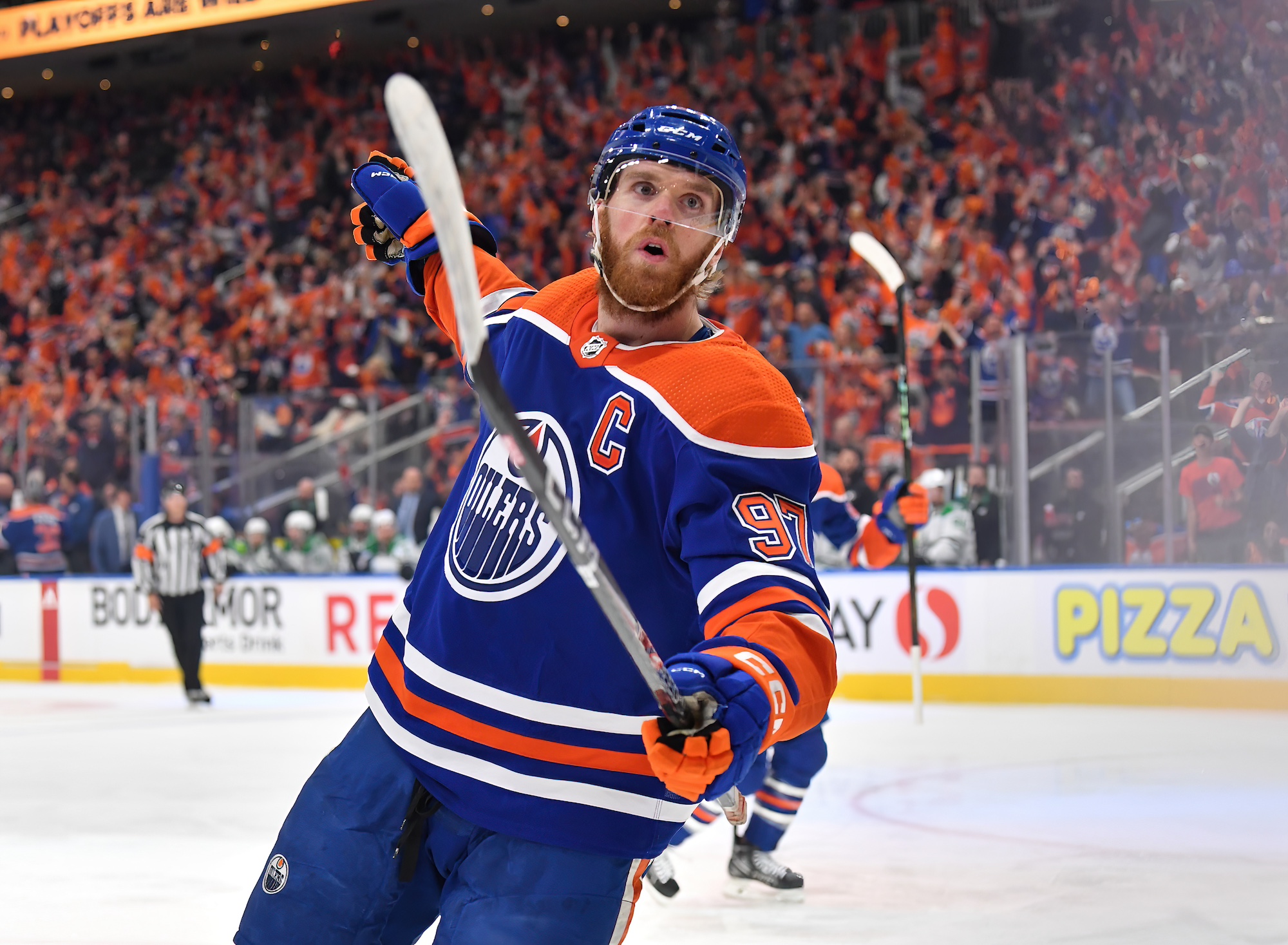 EDMONTON, CANADA - JUNE 02: Connor McDavid #97 of the Edmonton Oilers celebrates his first-period goal against the Dallas Stars in Game Six of the Western Conference Final of the 2024 Stanley Cup Playoffs at Rogers Place on June 2, 2024, in Edmonton, Alberta, Canada. (Photo by Andy Devlin/NHLI via Getty Images)