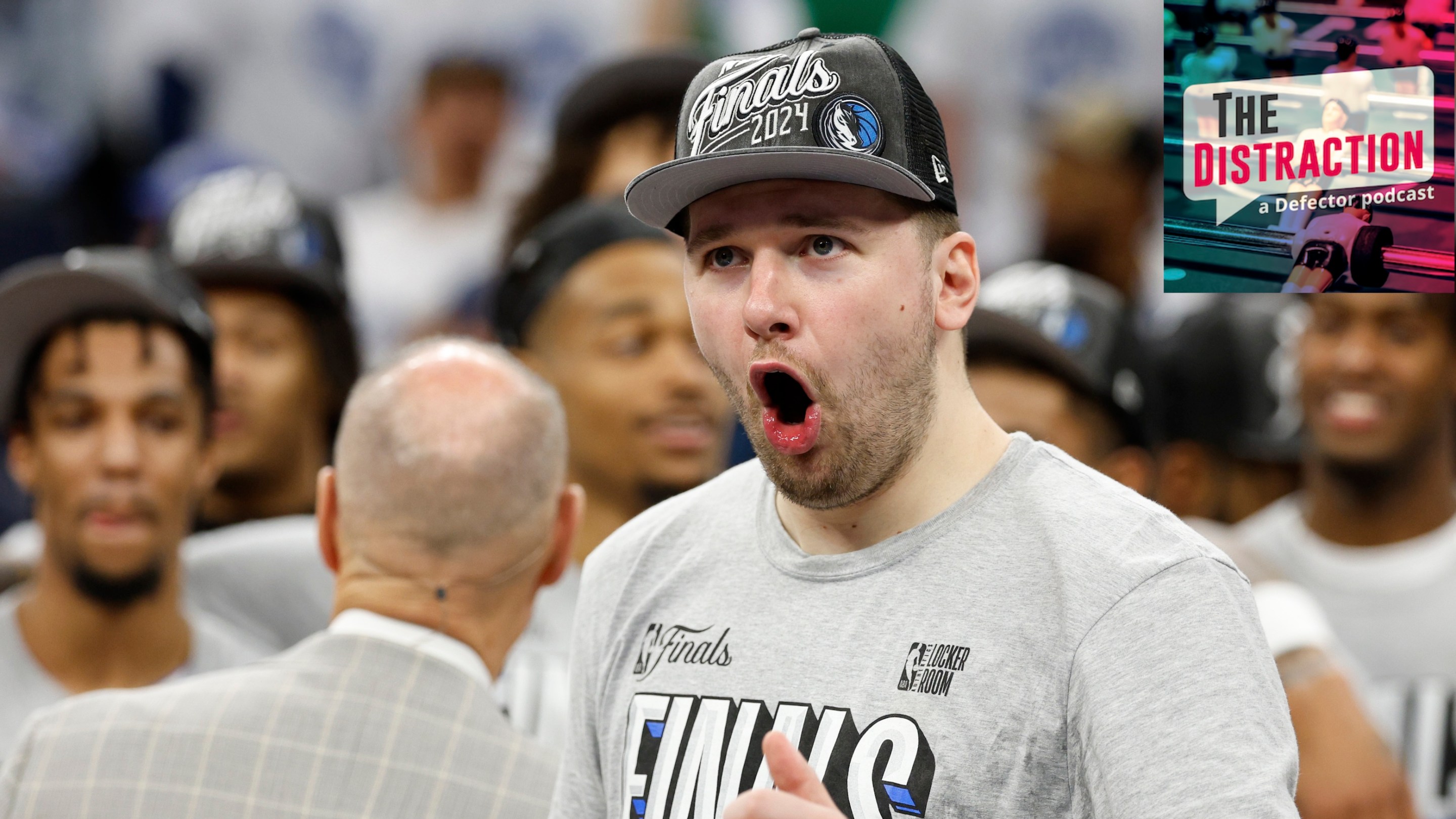 Luka Doncic making a very silly WHOOO face after the Mavericks defeated the Timberwolves in Game 5 of the 2024 NBA Western Conference Finals. He's got a hat on.