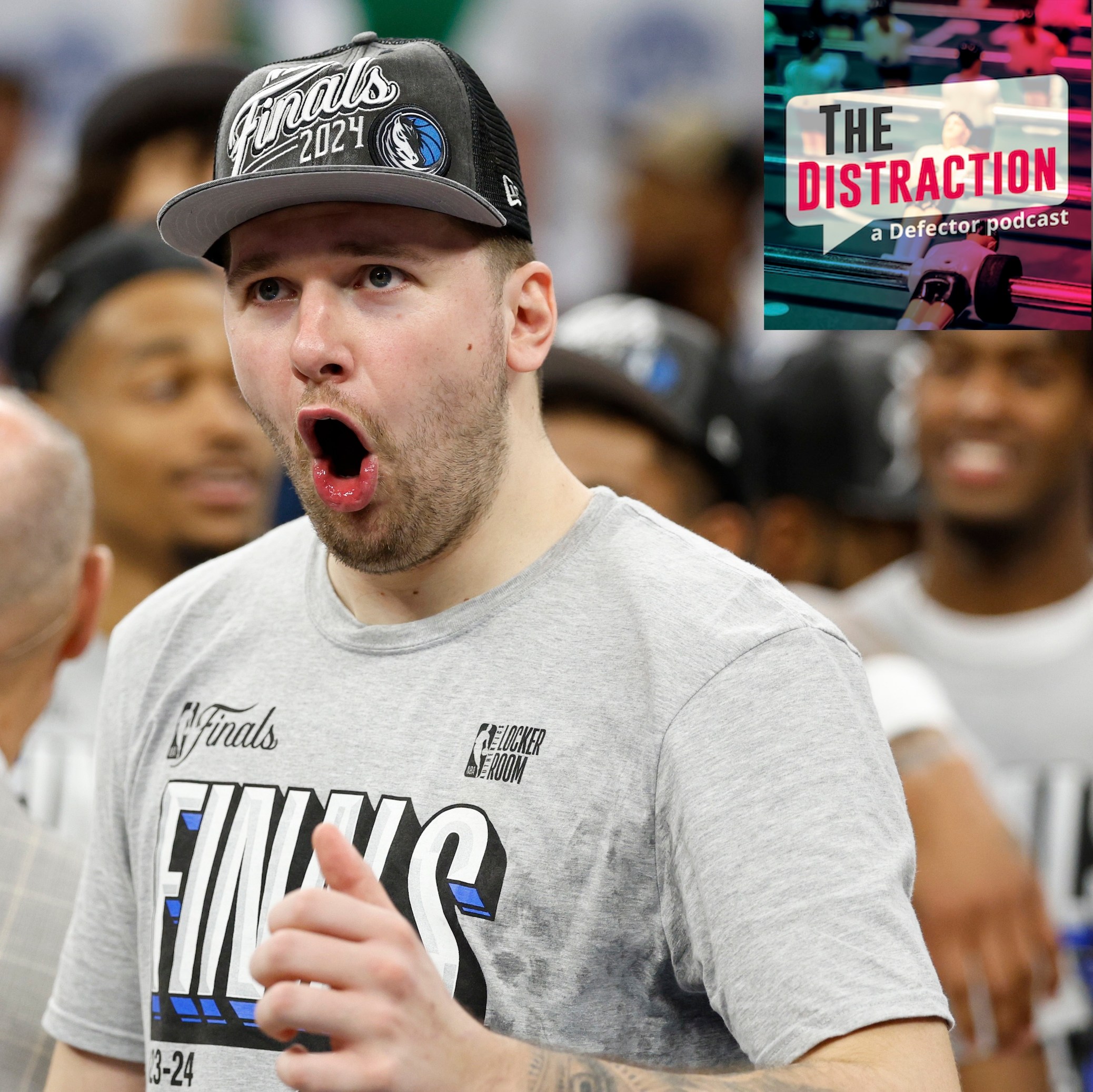 Luka Doncic making a very silly WHOOO face after the Mavericks defeated the Timberwolves in Game 5 of the 2024 NBA Western Conference Finals. He's got a hat on.