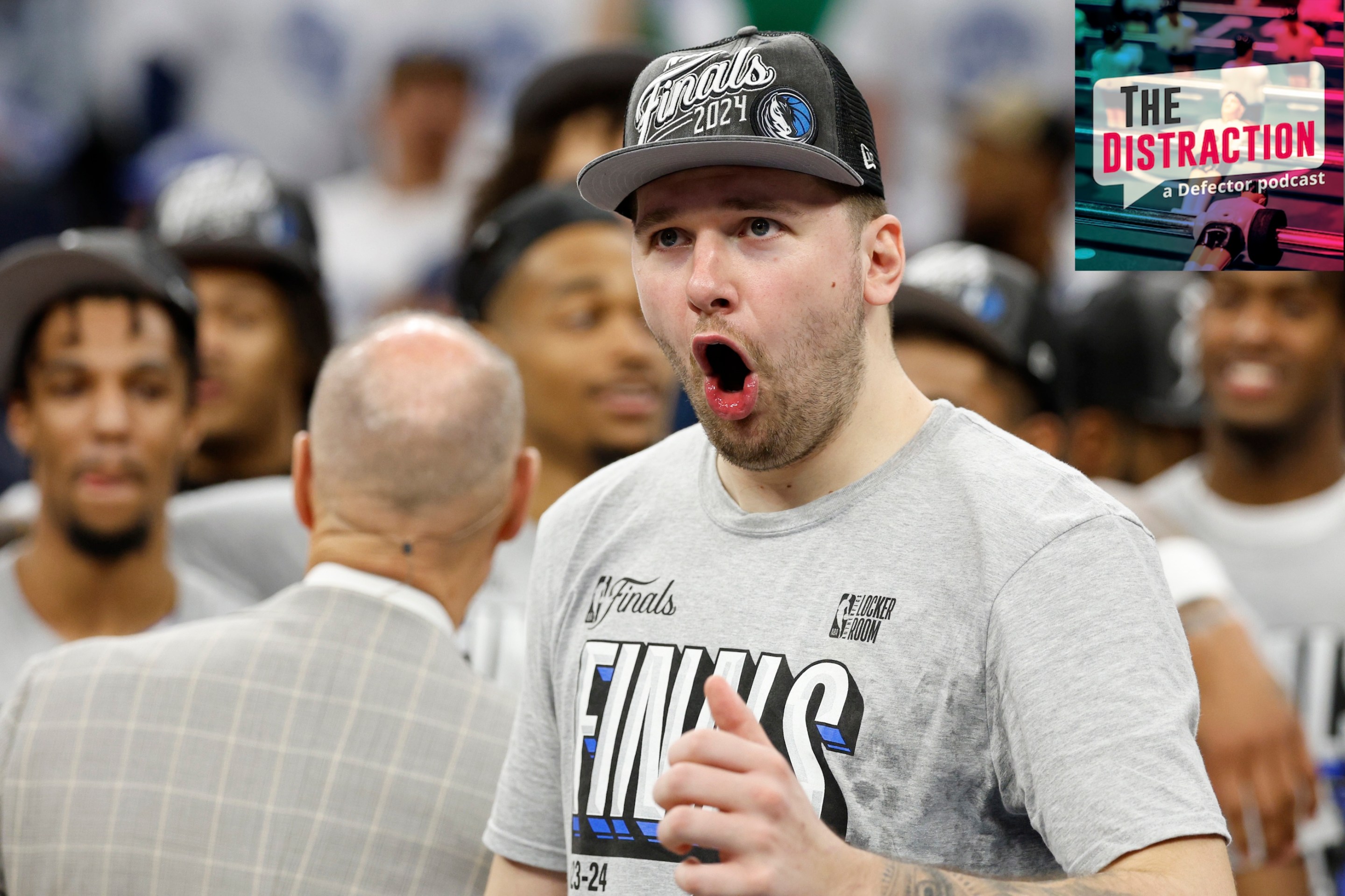Luka Doncic making a very silly WHOOO face after the Mavericks defeated the Timberwolves in Game 5 of the 2024 NBA Western Conference Finals. He's got a hat on.