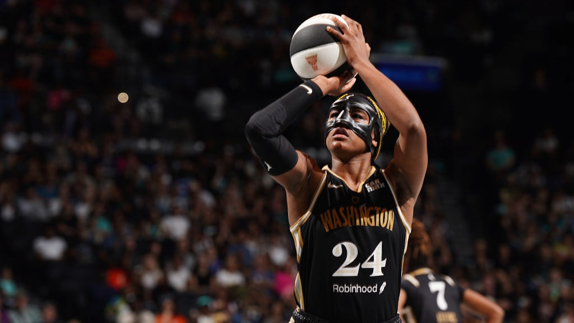 Aaliyah Edwards #24 of the Washington Mystics shoots a free throw during the game against the New York Liberty during a 2024 Commissioner's Cup game on June 9, 2024 in Brooklyn, New York. 2024 NBAE