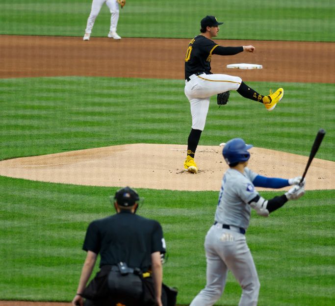 Paul Skenes #30 of the Pittsburgh Pirates pitches to Shohei Ohtani #17 of the Los Angeles Dodgers at PNC Park on June 5, 2024 in Pittsburgh, Pennsylvania.