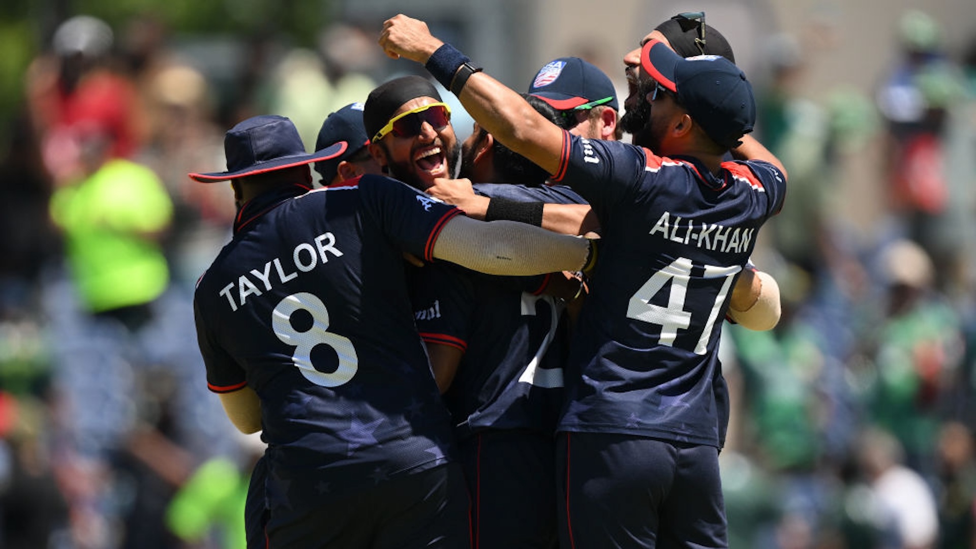 Team USA celebrate victory during the ICC Men's T20 Cricket World Cup West Indies &amp; USA 2024 match between USA and Pakistan at Grand Prairie Cricket Stadium on June 06, 2024 in Dallas, Texas.