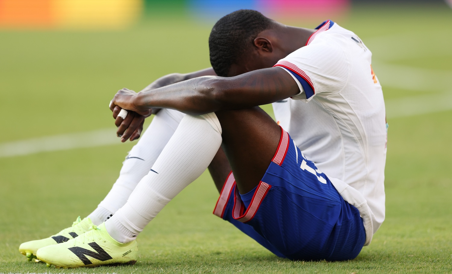 LANDOVER, MARYLAND - JUNE 08: Tim Weah #21 of the United States reacts during the second half against Colombia at Commanders Field on June 08, 2024 in Landover, Maryland. (Photo by John Dorton/ISI Photos/USSF/Getty Images for USSF)