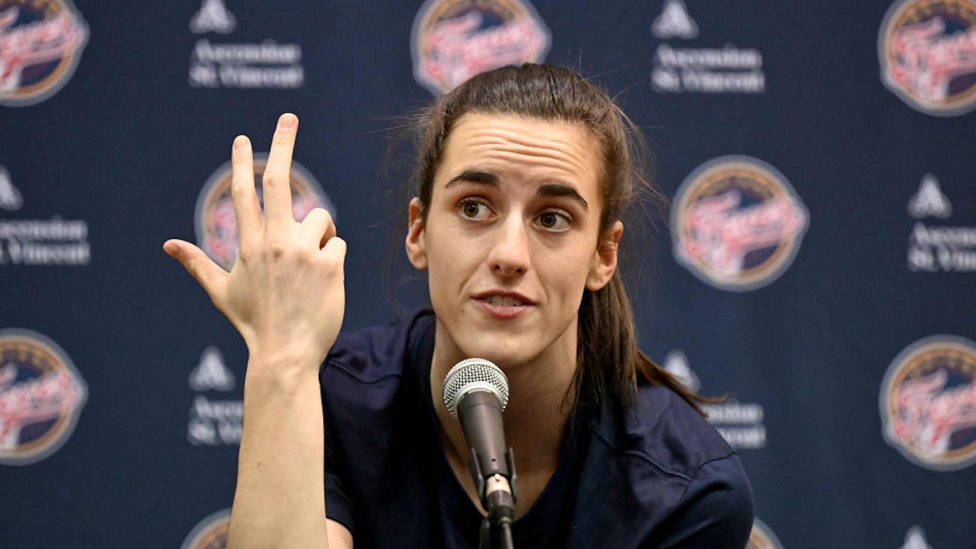 Caitlin Clark #22 of the Indiana Fever talks to the media before the game against the Washington Mystics at Capital One Arena on June 07, 2024 in Washington, DC.