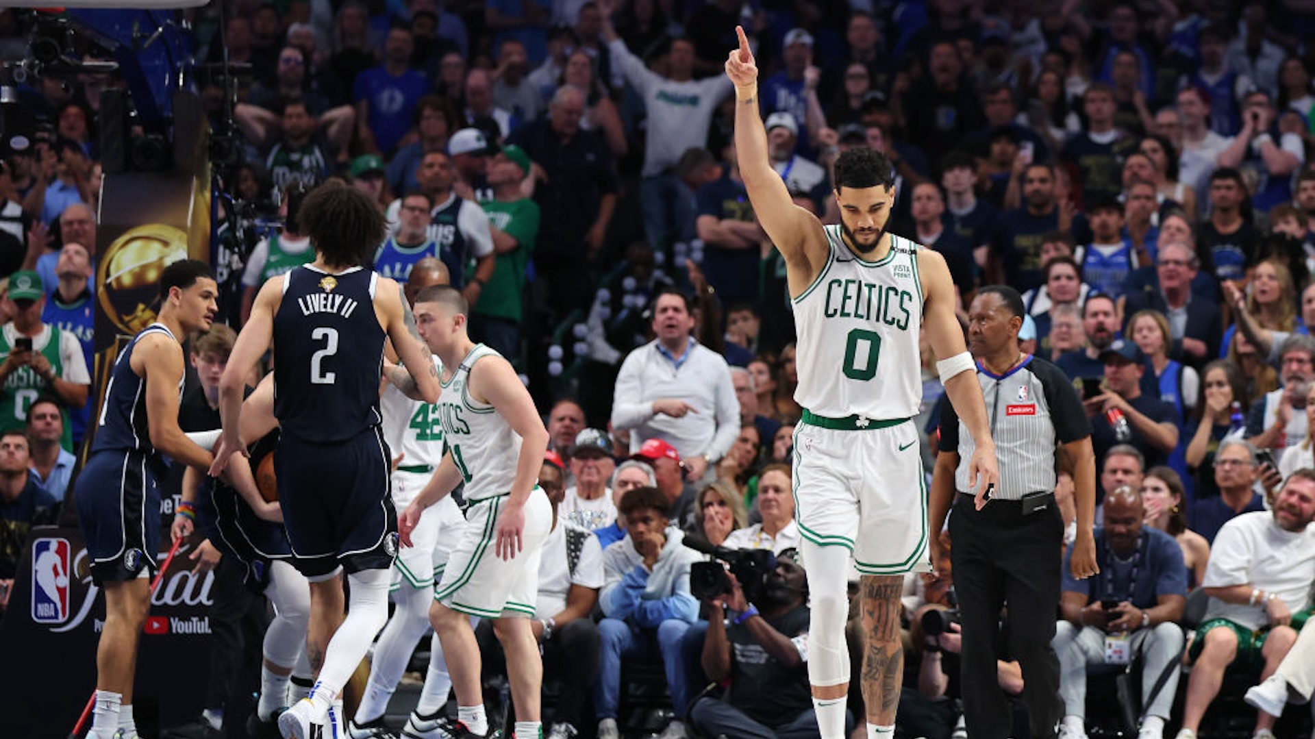 Jayson Tatum #0 of the Boston Celtics reacts in the fourth quarter against the Dallas Mavericks in Game Three of the 2024 NBA Finals at American Airlines Center on June 12, 2024 in Dallas, Texas.