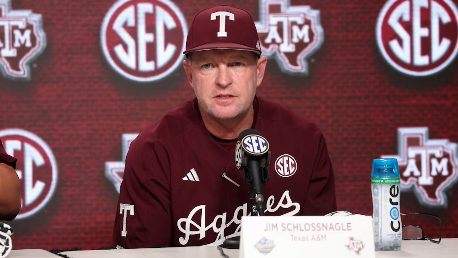 Texas A&M Aggies head coach Jim Schlossnagle during the post game press conference after the 2024 SEC Baseball Tournament game between the Tennessee Volunteers and the Texas A&amp;M Aggies on May 23, 2024 at the Hoover Metropolitan Stadium in Hoover, Alabama.