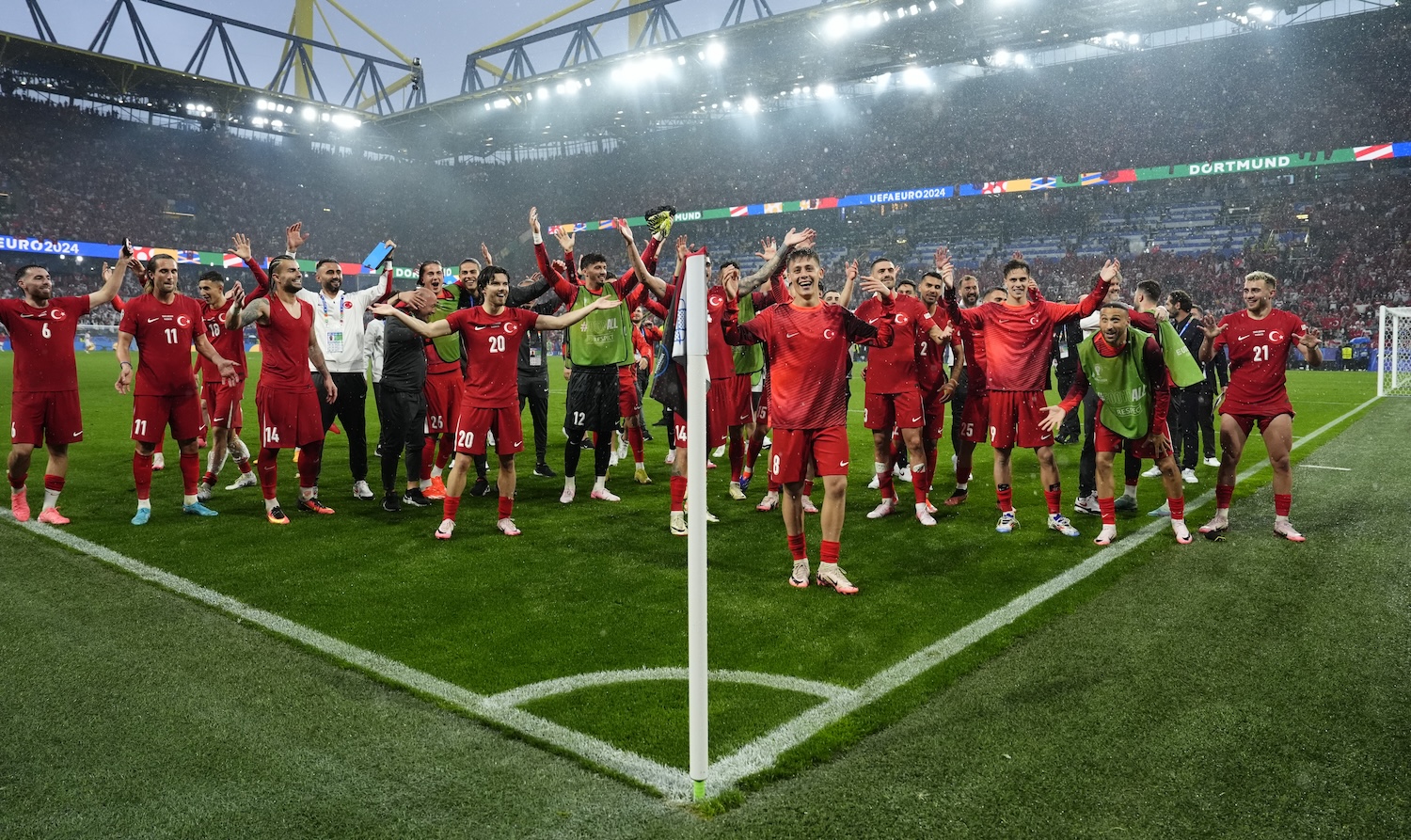 Turkey celebrates their side's victory in the UEFA Euro 2024 Group F match at the BVB Stadion Dortmund in Dortmund, Germany. Picture date: Tuesday June 18, 2024. (Photo by Nick Potts/PA Images via Getty Images)
