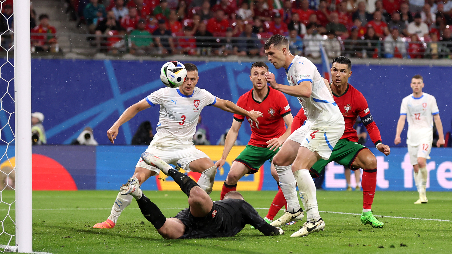 Robin Hranac of Czechia concedes an own goal, the first goal for Portugal, as cze during the UEFA EURO 2024 group stage match between Portugal and Czechia at Football Stadium Leipzig on June 18, 2024 in Leipzig, Germany.