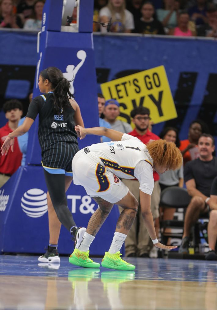 NaLyssa Smith #1 of the Indiana Fever reacts after scoring a basket over Angel Reese #5 of the Chicago Sky during the second half against the Chicago Sky on June 23, 2024 at Wintrust Arena in Chicago, Illinois.