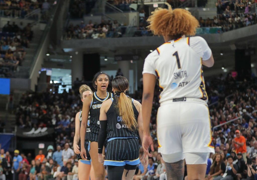 Angel Reese #5 of the Chicago Sky and NaLyssa Smith #1 of the Indiana Fever react during the second half on June 23, 2024 at Wintrust Arena in Chicago, Illinois.