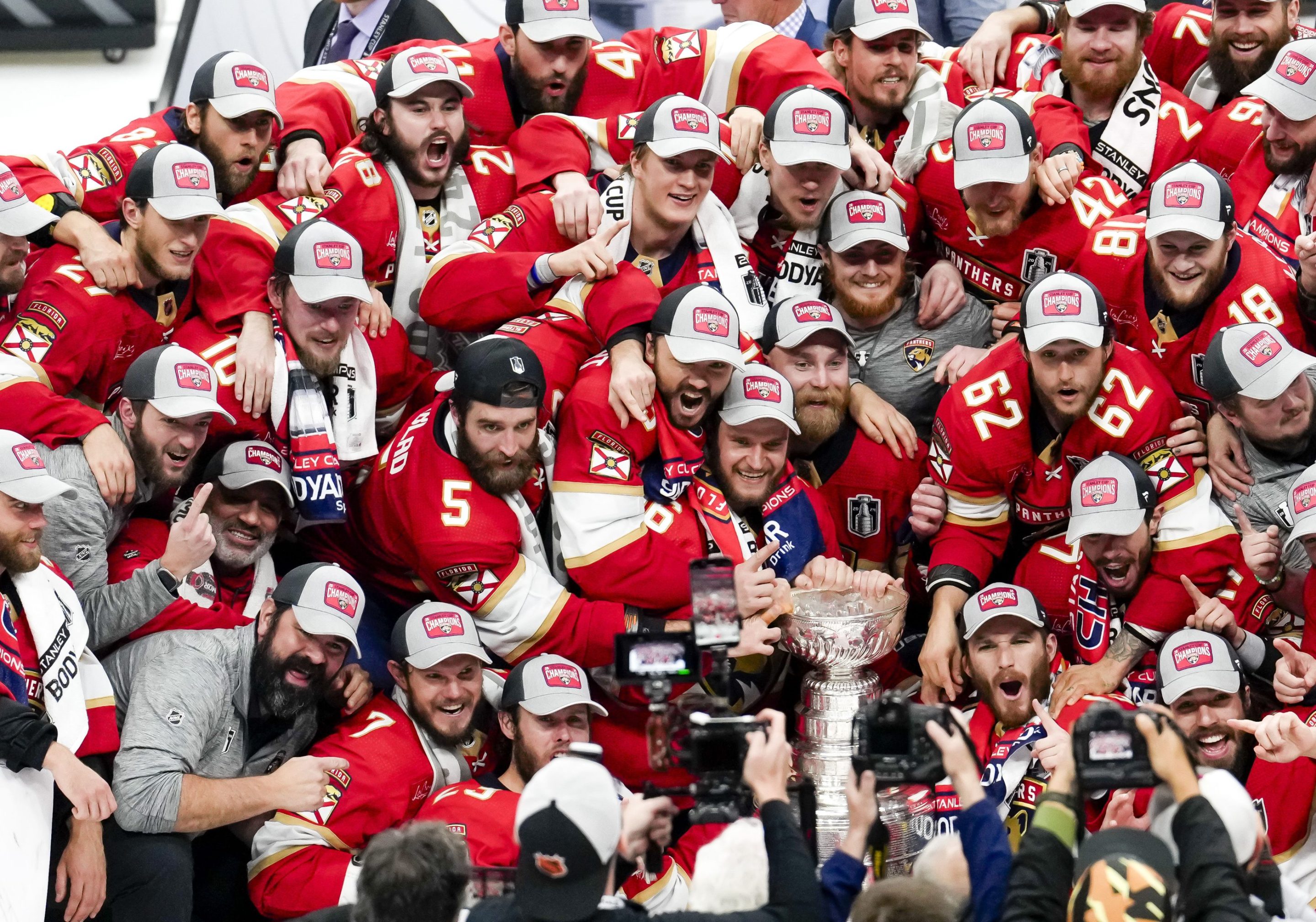 SUNRISE, FL - JUNE 24: Florida Panthers team photo with the Stanley Cup during the NHL Stanley Cup Finals, Game 7 between the Florida Panthers and Edmonton Oilers on June 24th, 2024 at Amerant Bank Arena in Sunrise, FL.