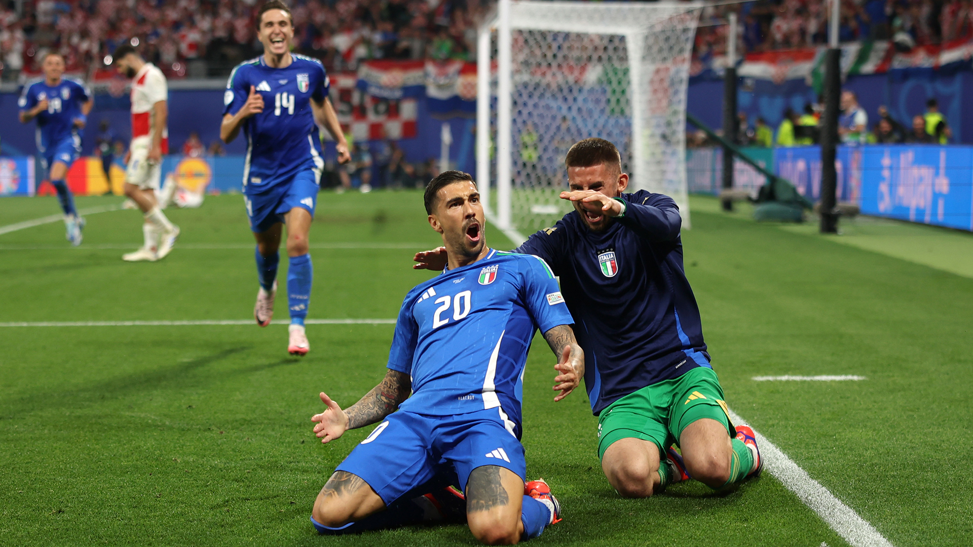 Mattia Zaccagni of Italy celebrates scoring his team's first goal during the UEFA EURO 2024 group stage match between Croatia and Italy at Football Stadium Leipzig on June 24, 2024 in Leipzig, Germany.