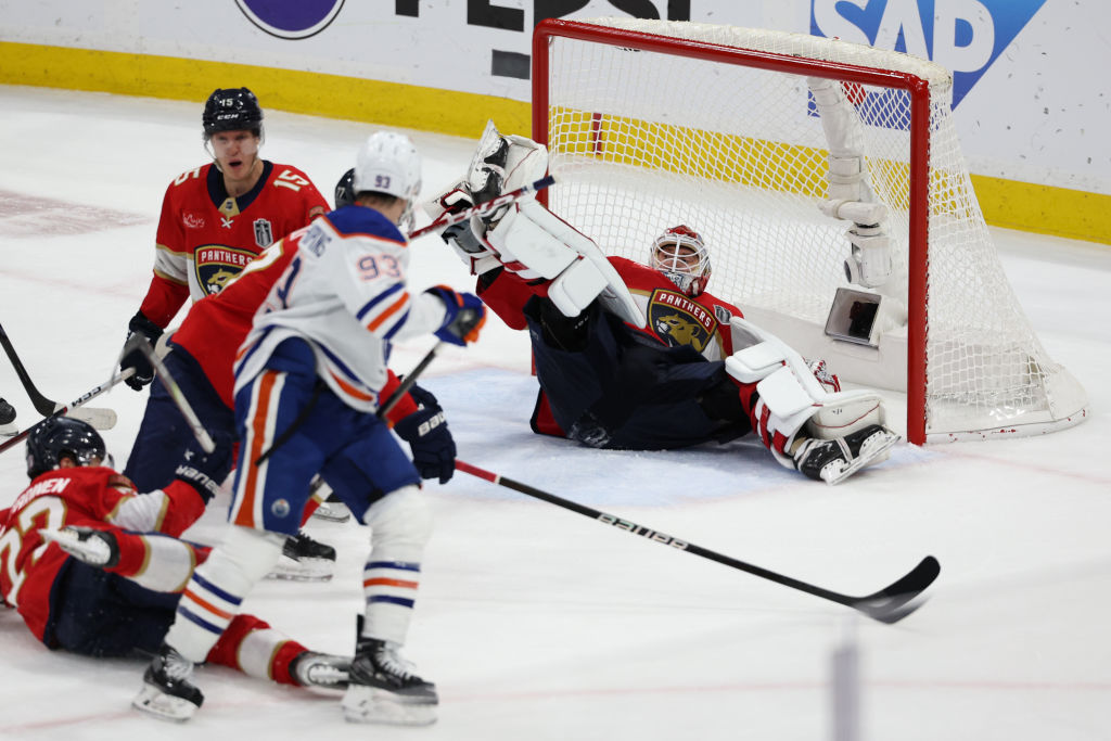 Sergei Bobrovsky makes a save on his back