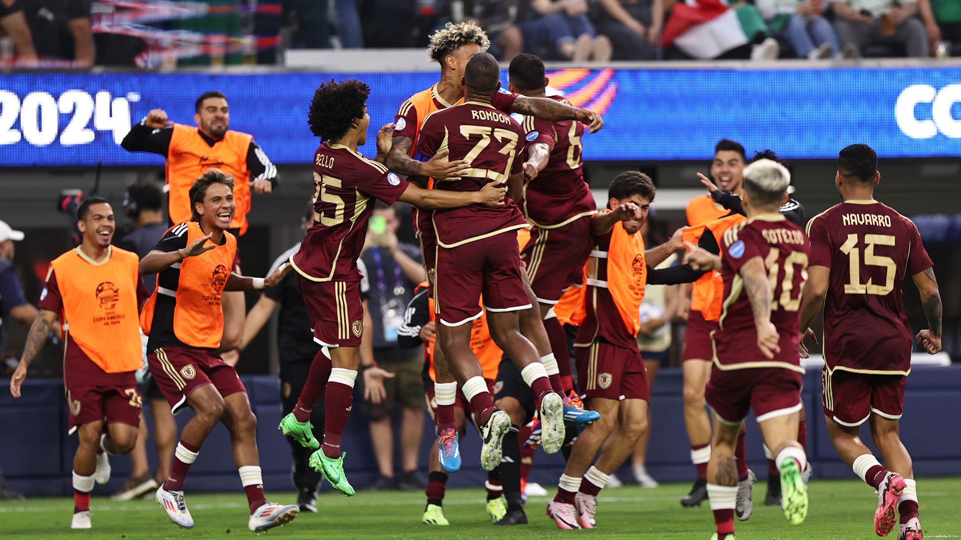 Salomon Rondon of Venezuela celebrates with teammates after scoring the team's first goal during the CONMEBOL Copa America 2024 Group B match between Venezuela and Mexico at SoFi Stadium on June 26, 2024 in Inglewood, California.