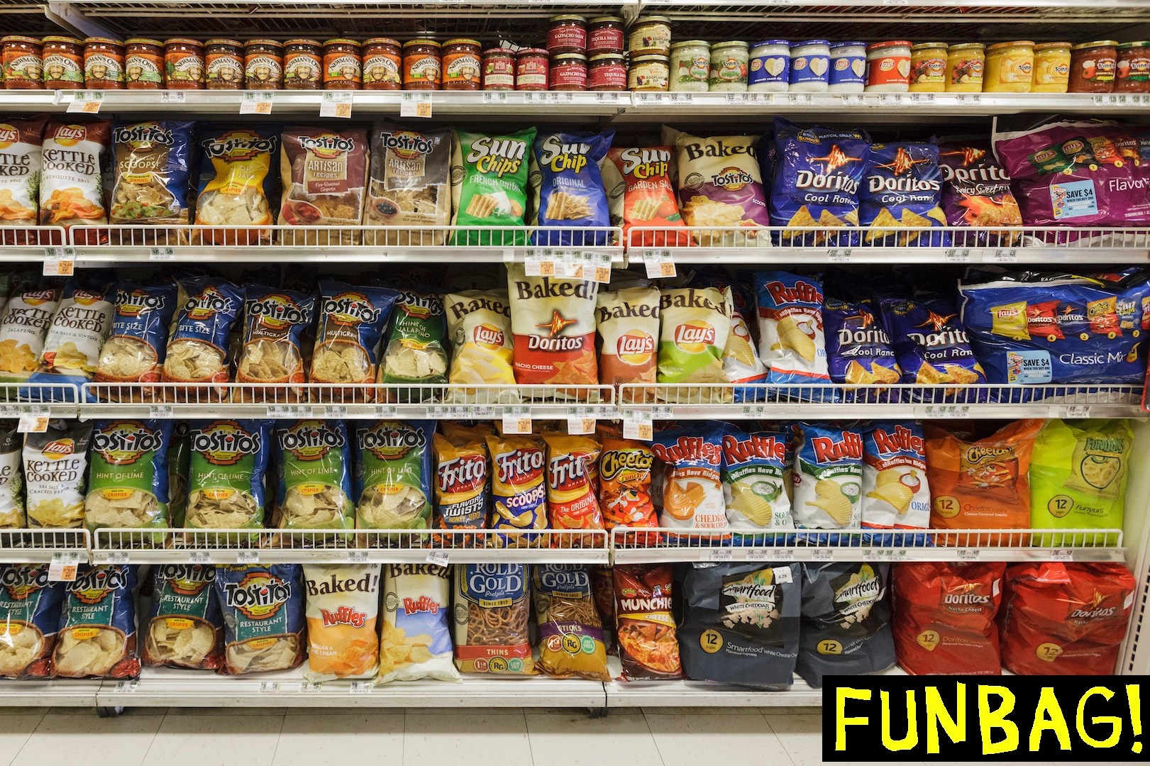 06/08/12 - Midland Park, NJ - A supermarket shelf at a Kings Food Market in Midland Park, New Jersey filled mostly with Frito-Lay brands of chips.