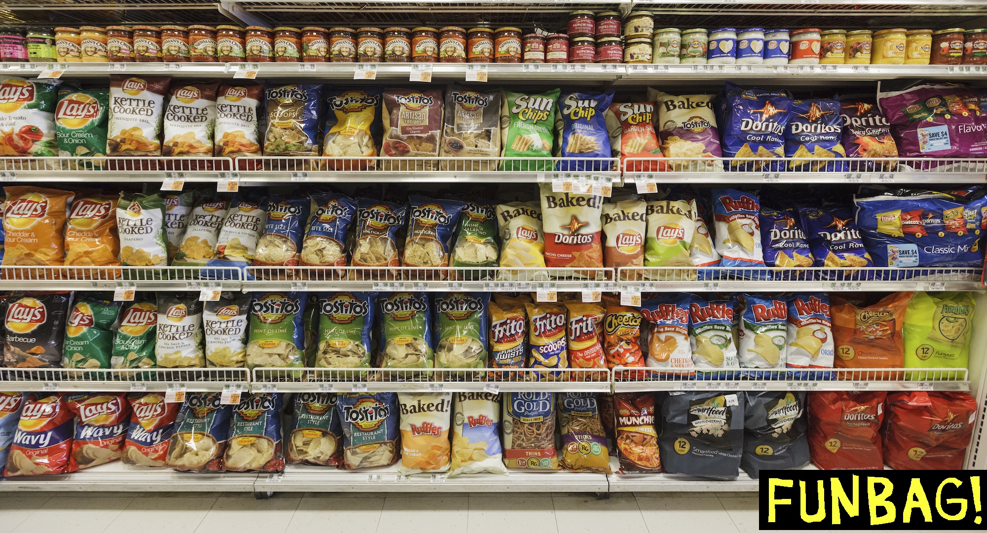 06/08/12 - Midland Park, NJ - A supermarket shelf at a Kings Food Market in Midland Park, New Jersey filled mostly with Frito-Lay brands of chips.