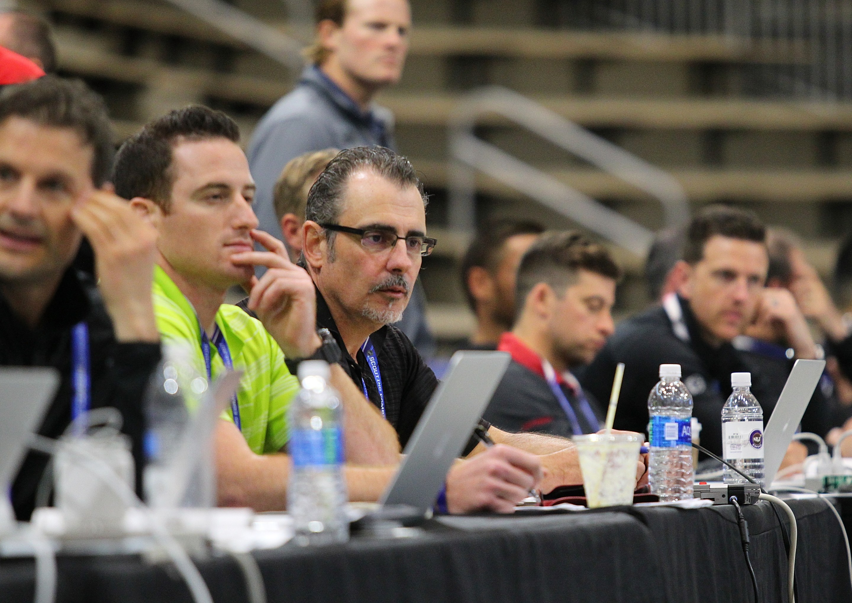 NHL team officials watch prospects take part in testing during the NHL Combine at HarborCenter on June 3, 2017 in Buffalo, New York.