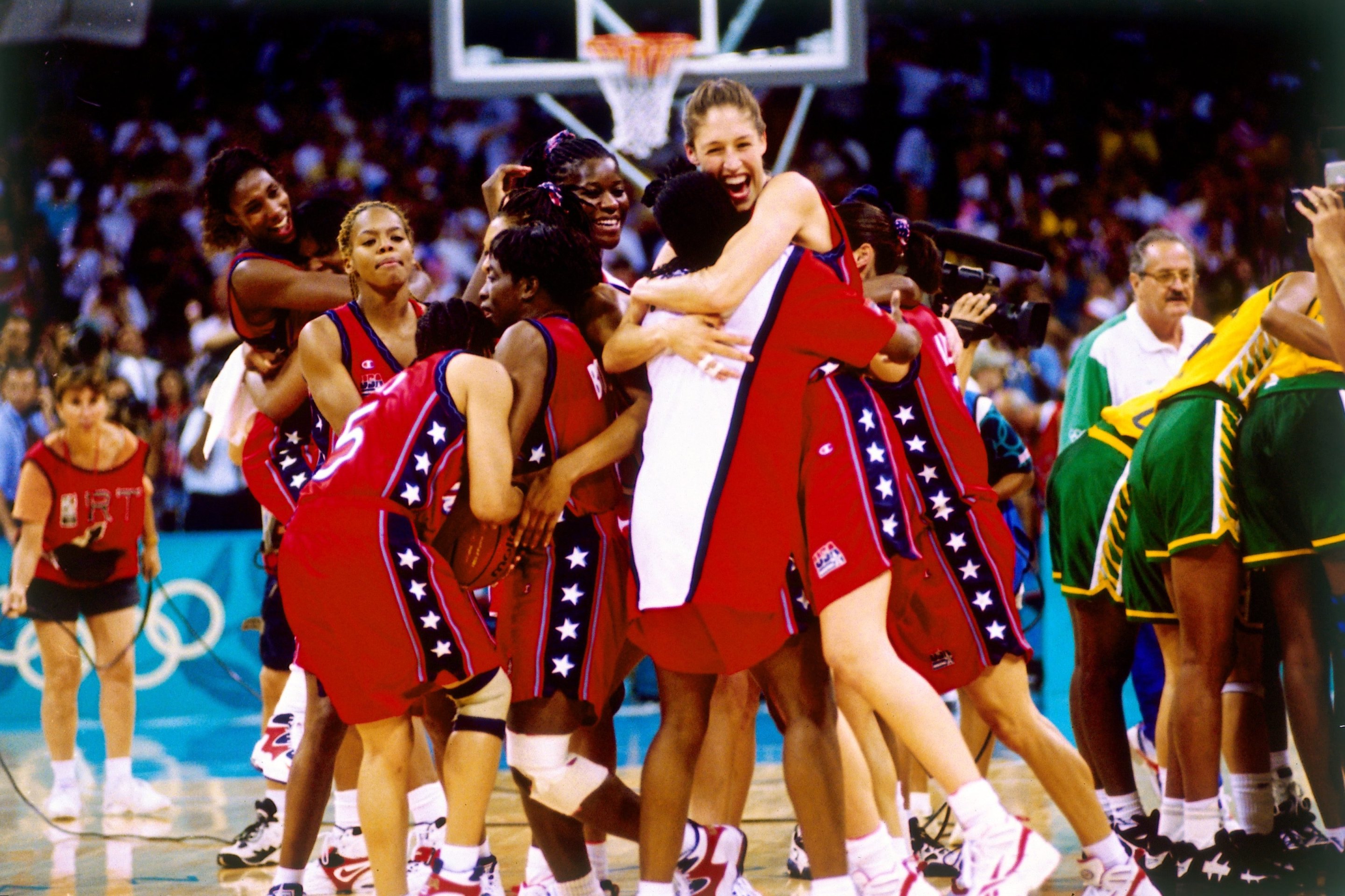 The United States Women's National team celebrate their victory during the 1996 Olympic Games in Atlanta, Georgia.