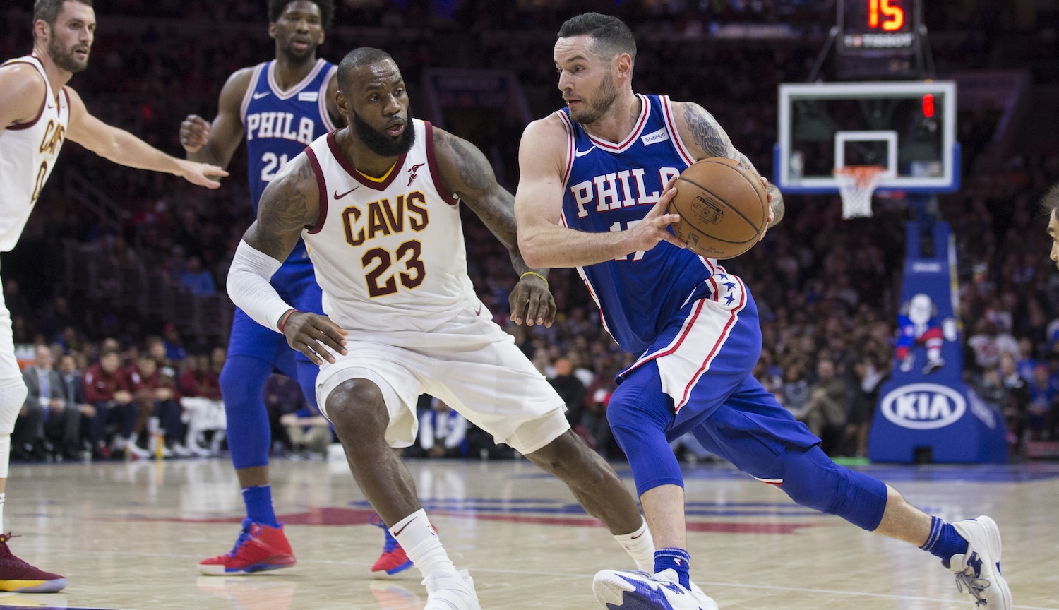 PHILADELPHIA, PA - NOVEMBER 27: JJ Redick #17 of the Philadelphia 76ers drives to the basket against LeBron James #23 of the Cleveland Cavaliers at the Wells Fargo Center on November 27, 2017 in Philadelphia, Pennsylvania. NOTE TO USER: User expressly acknowledges and agrees that, by downloading and or using this photograph, User is consenting to the terms and conditions of the Getty Images License Agreement. (Photo by Mitchell Leff/Getty Images)