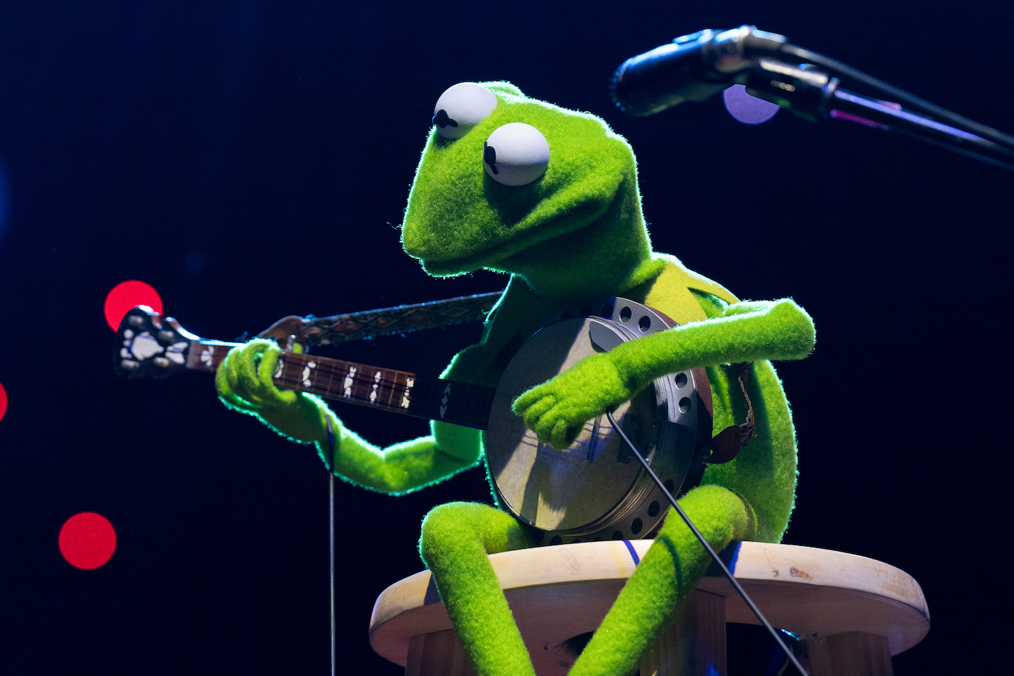 Kermit the Frog strums a banjo onstage.