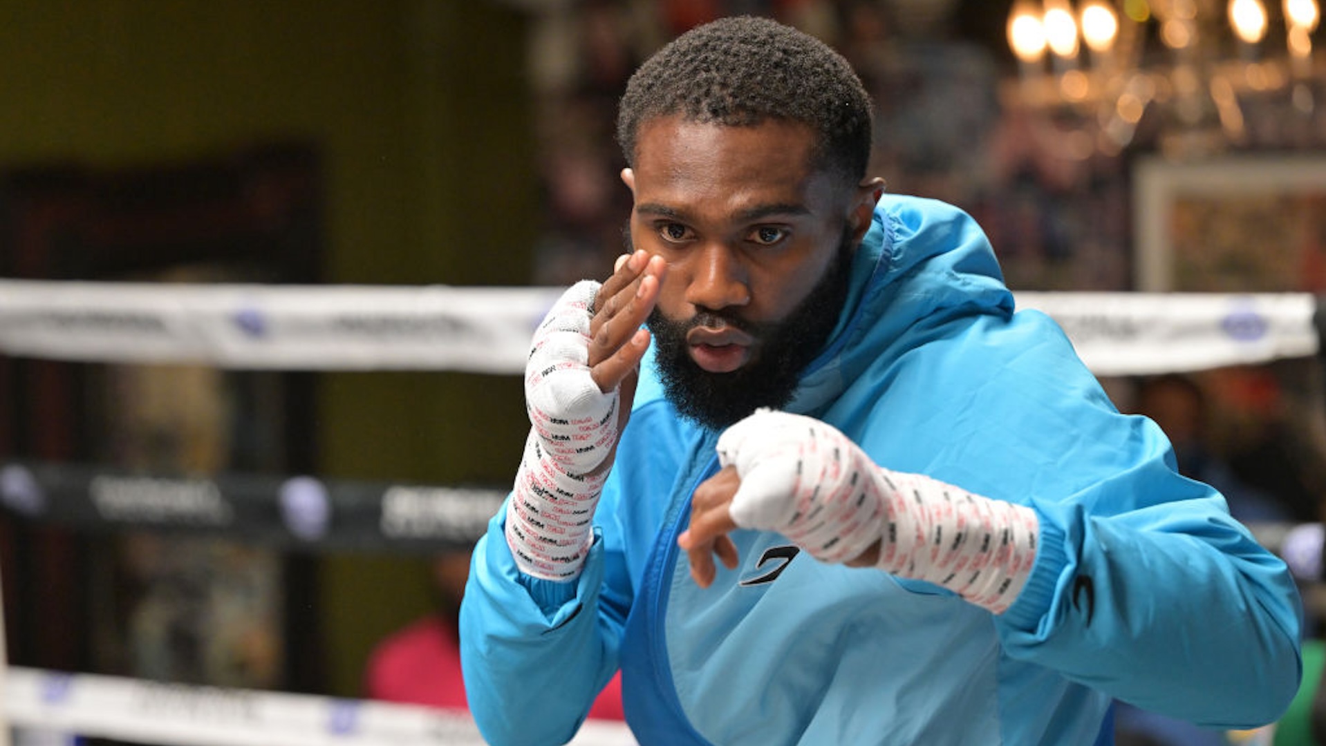 Welterweight contender Jaron Ennis trains during a media workout for his upcoming fight against Custio Clayton at Churchill Boxing Club on May 11, 2022 in Santa Monica, California.
