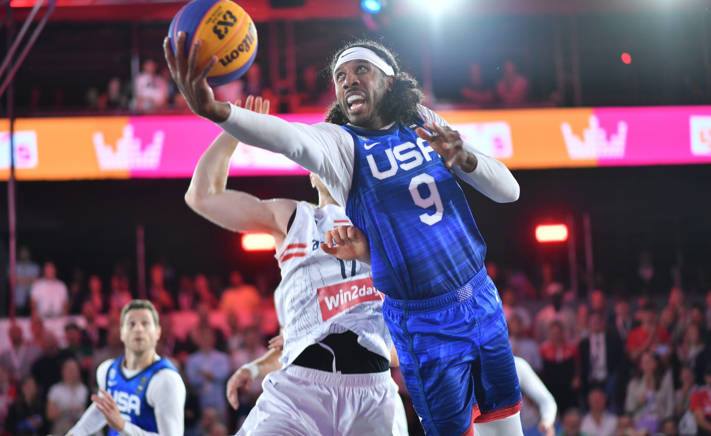 Kareem Maddox of the USA throws during the mens pool play match between Austria and the USA on Day 4 of the FIBA 3x3 World cup at Rathausplatz on June 2, 2023 in Vienna, Austria. (Photo by Andrea Kareth /SEPA.Media /Getty Images)