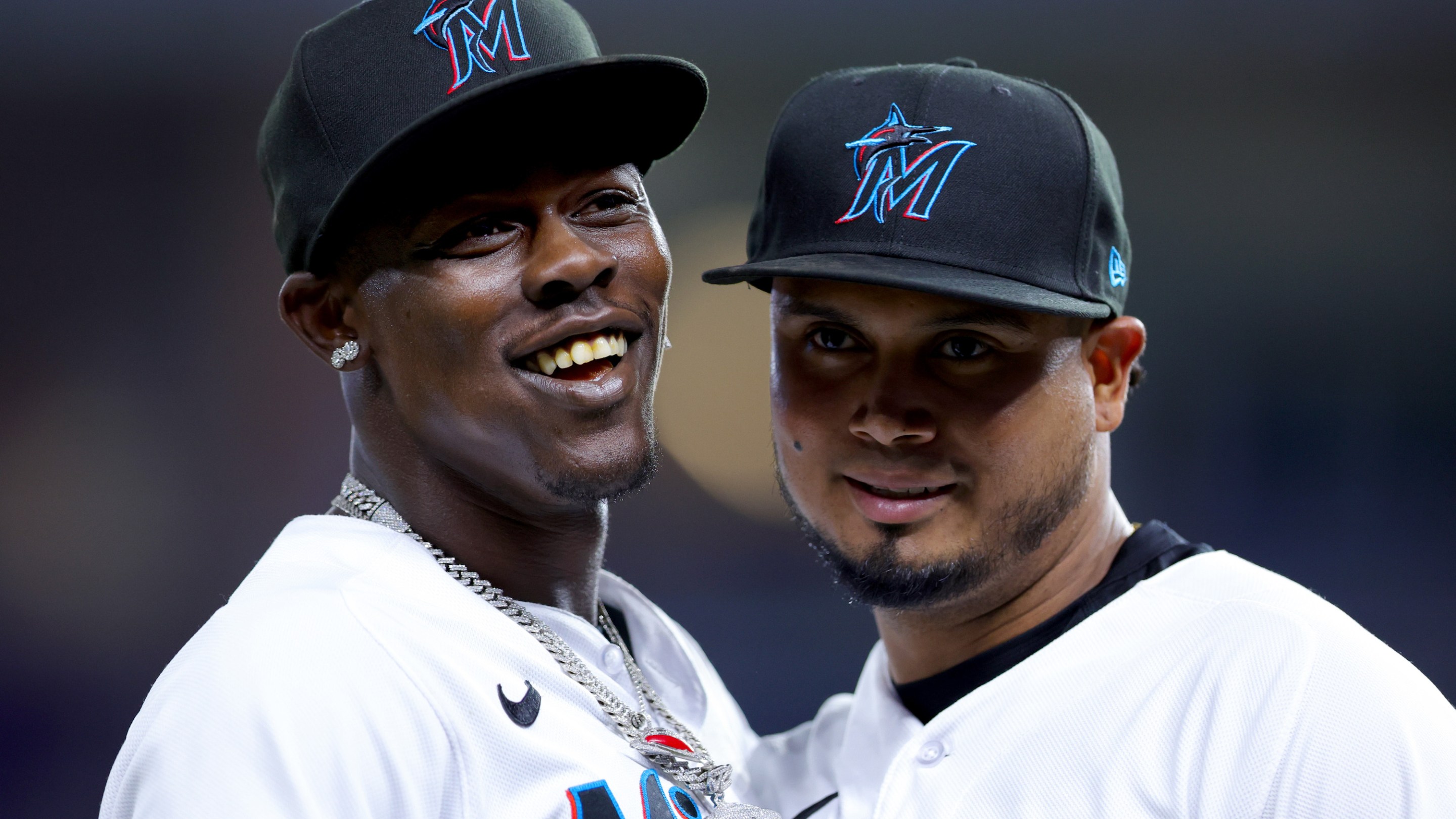 Jazz Chisholm Jr. #2 and Luis Arraez #3 of the Miami Marlins celebrate during eighth inning against the San Francisco Giants at loanDepot park on April 18, 2023 in Miami, Florida.