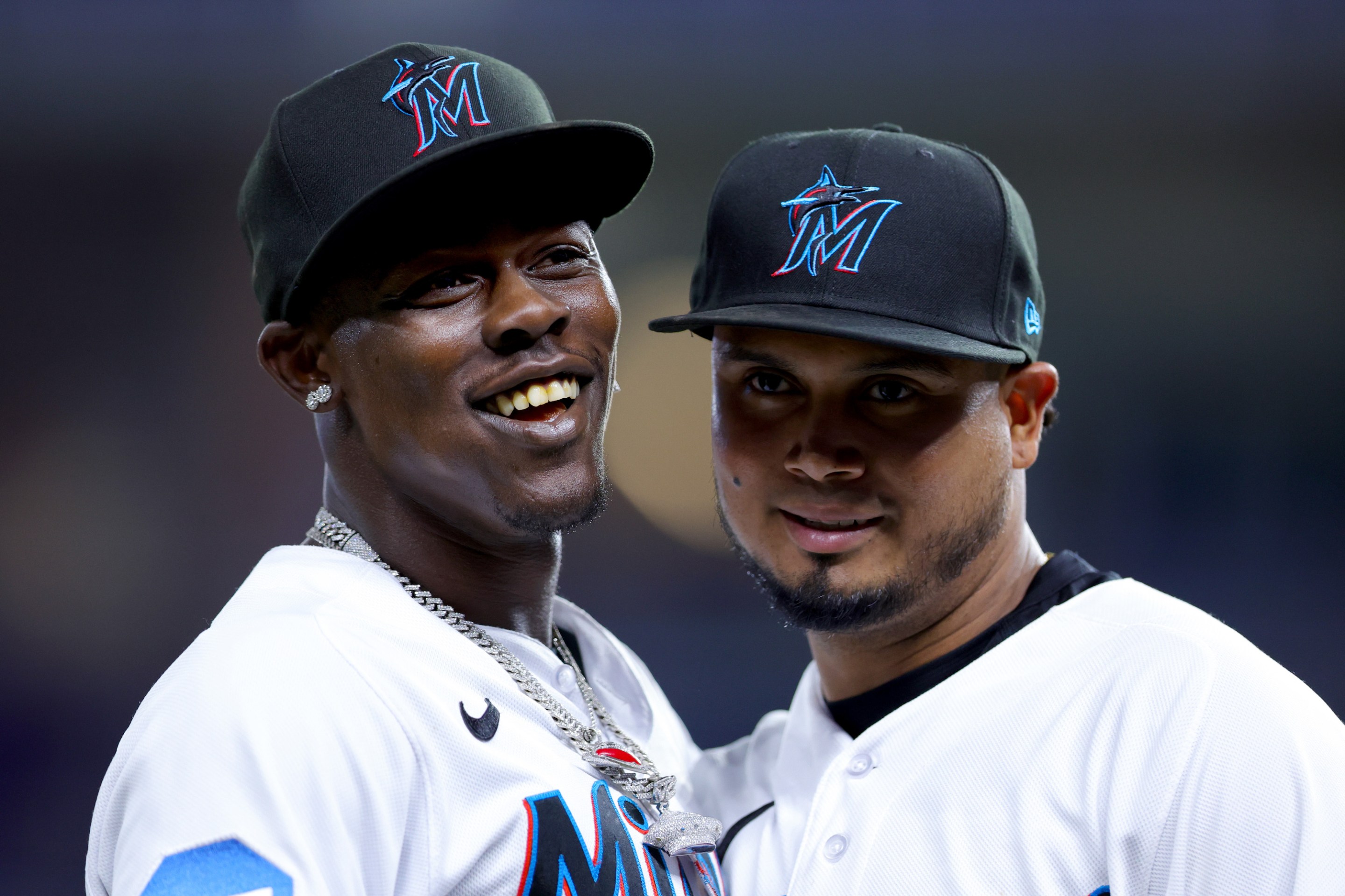 Jazz Chisholm Jr. #2 and Luis Arraez #3 of the Miami Marlins celebrate during eighth inning against the San Francisco Giants at loanDepot park on April 18, 2023 in Miami, Florida.