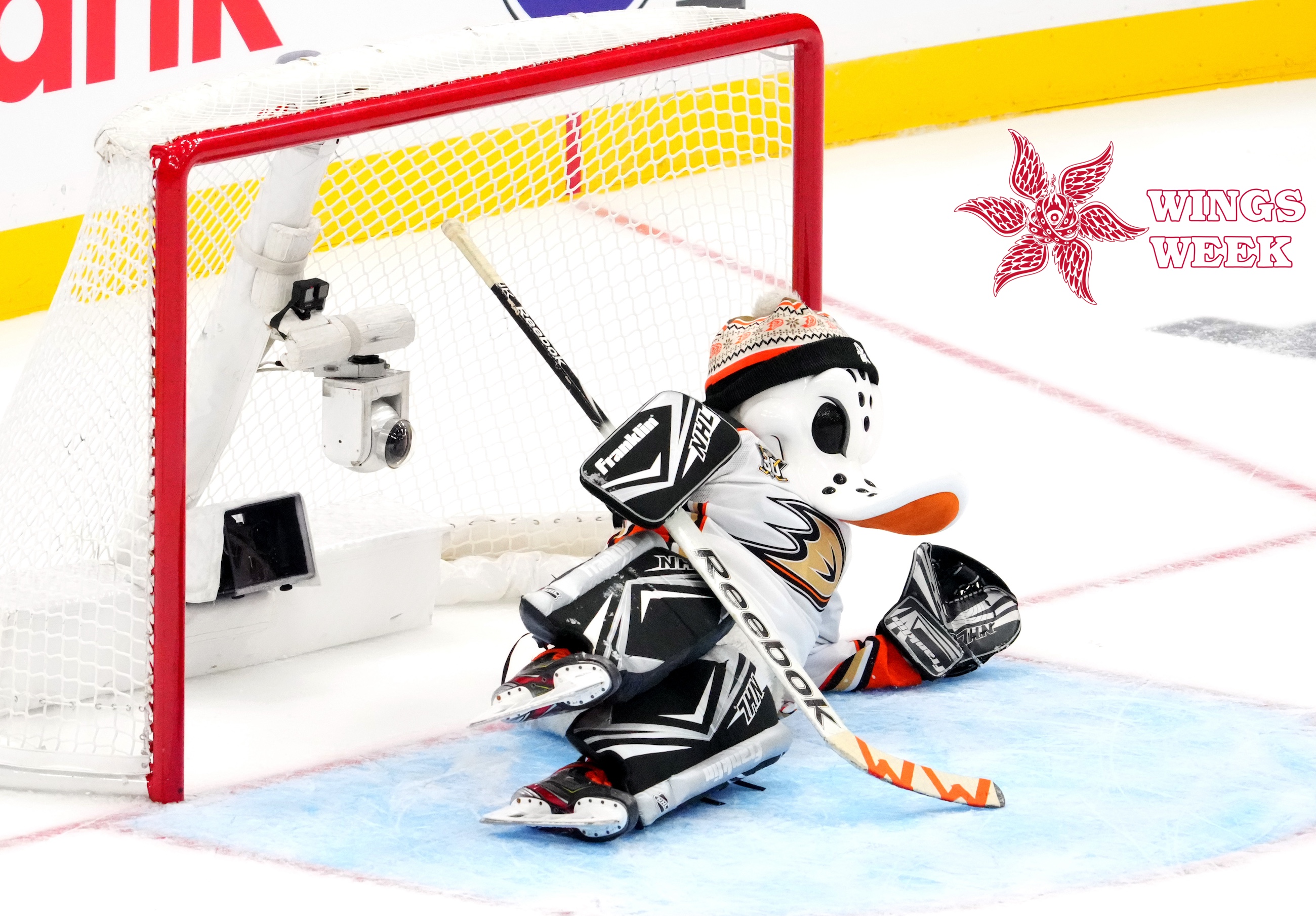 TORONTO, ONTARIO - FEBRUARY 02: Wild Wing of the Anaheim Ducks competes in the NHL mascots game during the 2024 NHL All-Star Skills Competition at Scotiabank Arena on February 02, 2024 in Toronto, Ontario, Canada. (Photo by Andre Ringuette/NHLI via Getty Images)