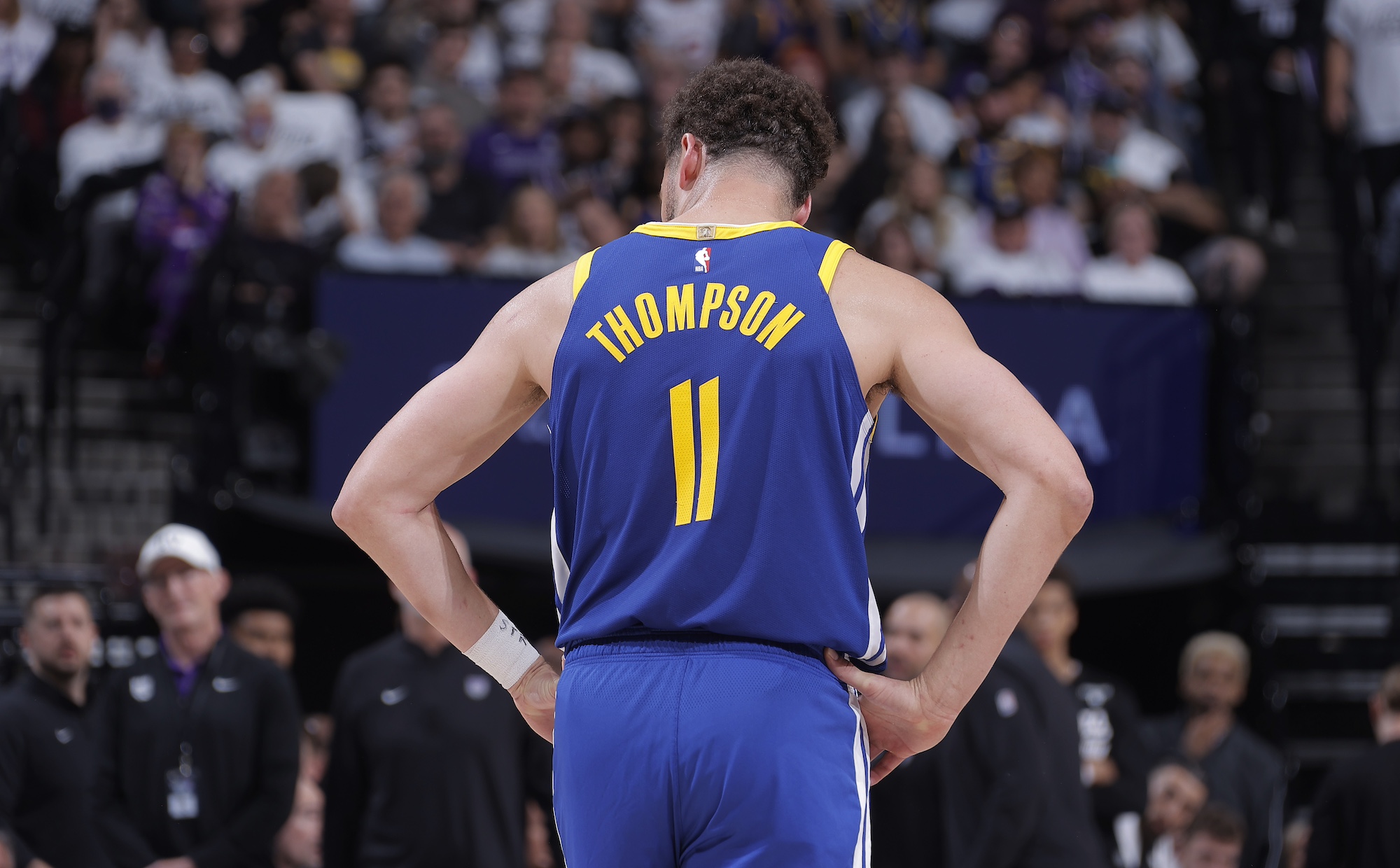 SACRAMENTO, CA - APRIL 16: Klay Thompson #11 of the Golden State Warriors looks on during the game against the Sacramento Kings during the 2024 Play-In Tournament on April 16, 2024 at Golden 1 Center in Sacramento, California. NOTE TO USER: User expressly acknowledges and agrees that, by downloading and or using this photograph, User is consenting to the terms and conditions of the Getty Images Agreement. Mandatory Copyright Notice: Copyright 2024 NBAE (Photo by Rocky Widner/NBAE via Getty Images)