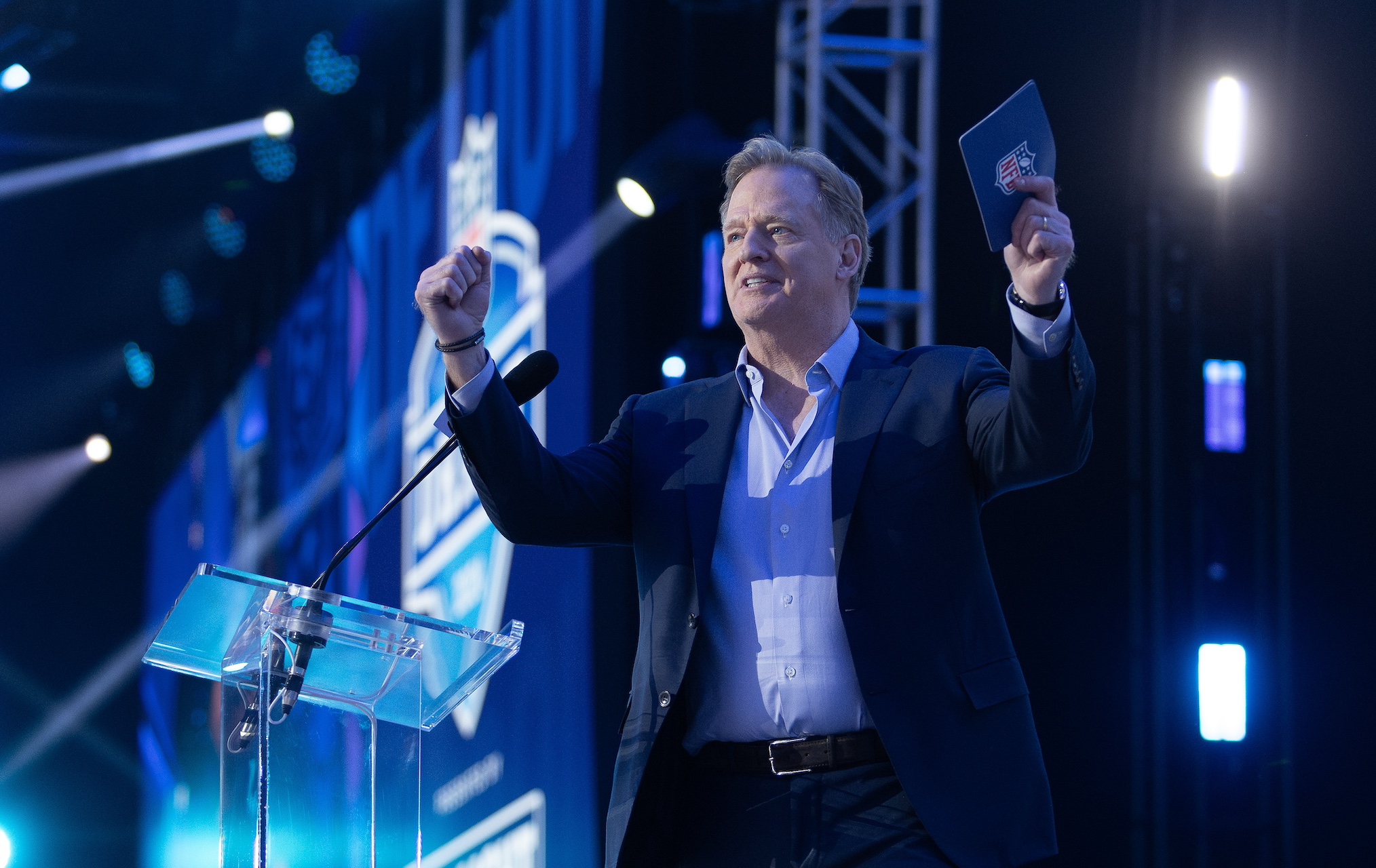 DETROIT, MI - APRIL 25: NFL Commissioner Roger Goodell walks out on the stage during day 1 of the NFL Draft on April 25, 2024 at Fox Theatre in Detroit, MI. (Photo by John Smolek/Icon Sportswire via Getty Images)