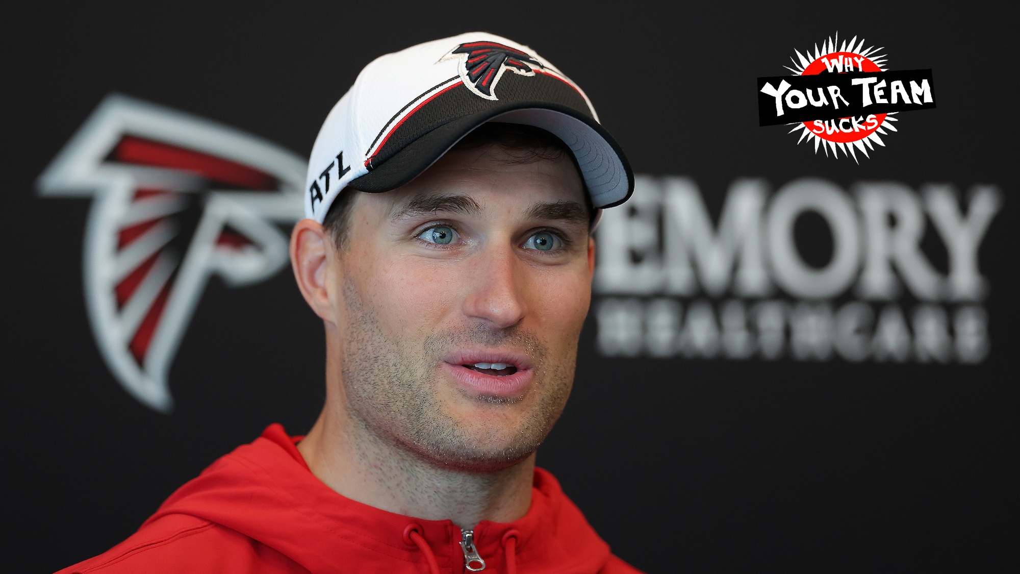 FLOWERY BRANCH, GEORGIA - MAY 14: Quarterback Kirk Cousins #18 of the Atlanta Falcons speaks to the media during OTA offseason workouts at the Atlanta Falcons training facility on May 14, 2024 in Flowery Branch, Georgia. (Photo by Kevin C. Cox/Getty Images)