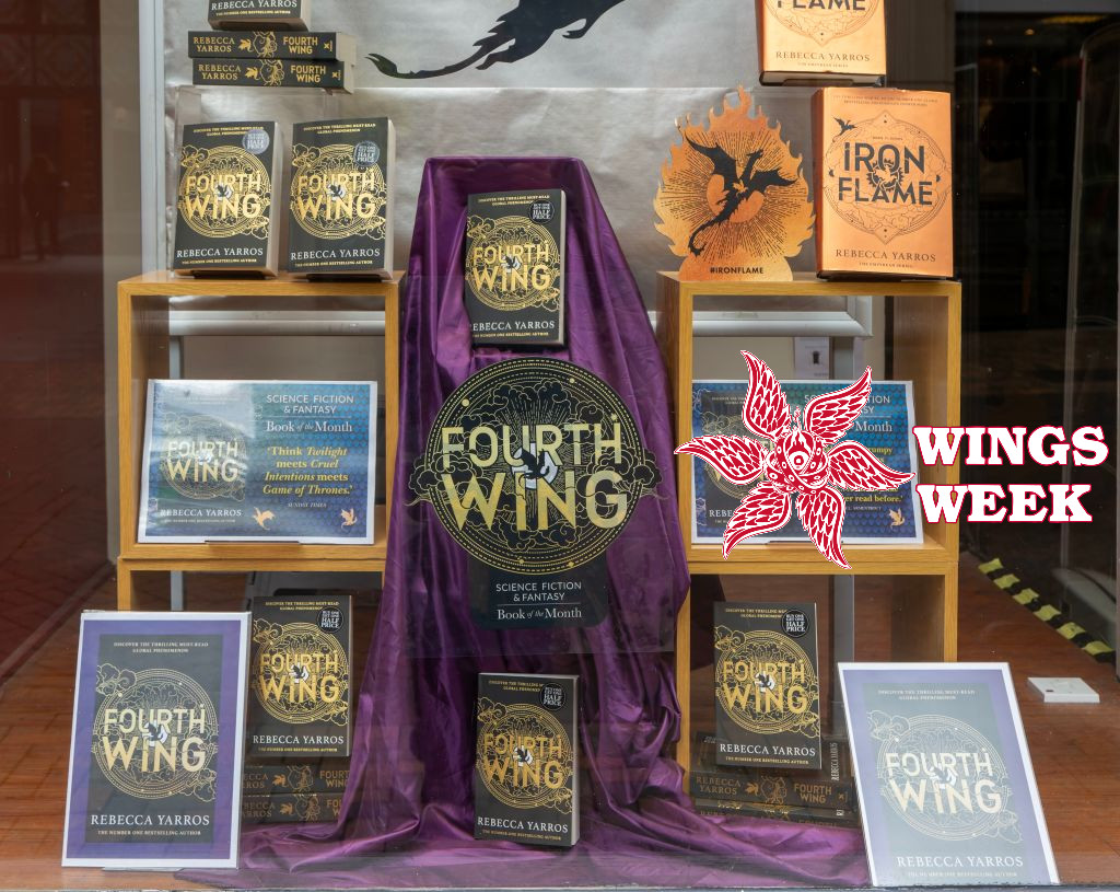 bookstore window display for 'Fourth Wing'