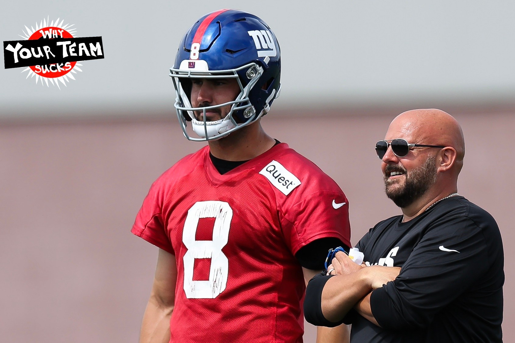 EAST RUTHERFORD, NEW JERSEY - JUNE 06: (L-R) Daniel Jones #8 and head coach Brian Daboll of the New York Giants during New York Giants OTA Offseason Workouts at NY Giants Quest Diagnostics Training Center on June 06, 2024 in East Rutherford, New Jersey. (Photo by Luke Hales/Getty Images)