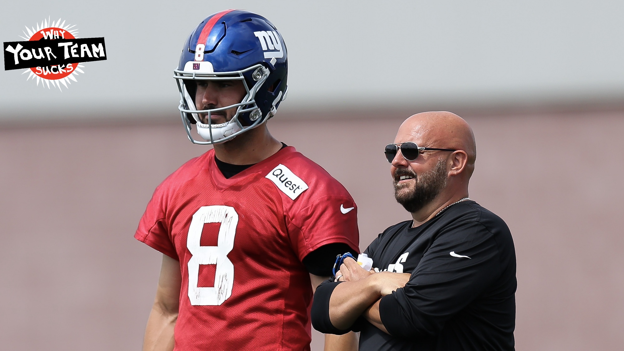 EAST RUTHERFORD, NEW JERSEY - JUNE 06: (L-R) Daniel Jones #8 and head coach Brian Daboll of the New York Giants during New York Giants OTA Offseason Workouts at NY Giants Quest Diagnostics Training Center on June 06, 2024 in East Rutherford, New Jersey. (Photo by Luke Hales/Getty Images)
