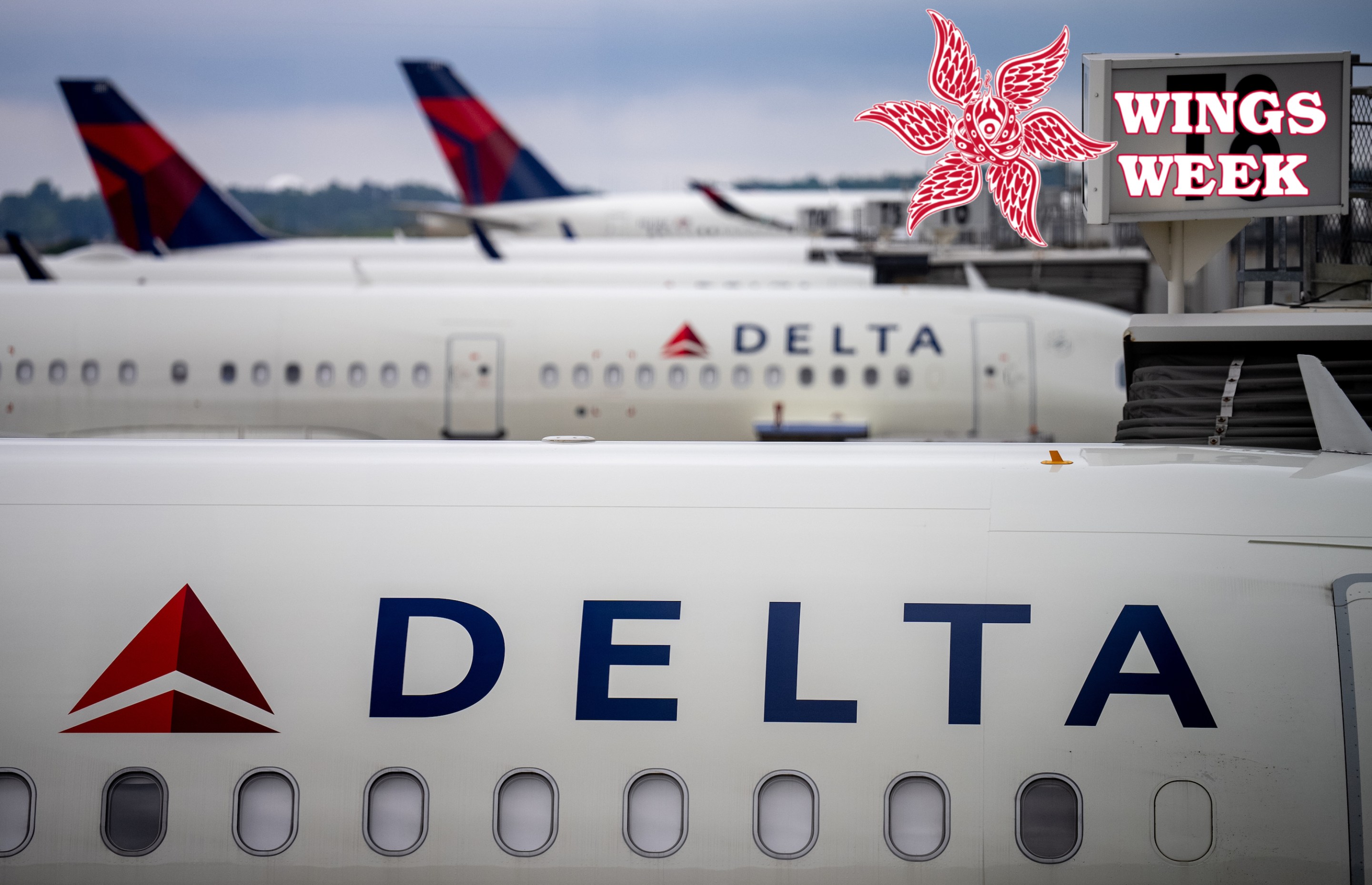 Delta Airlines planes sit parked at Hartsfield-Jackson Atlanta International Airport