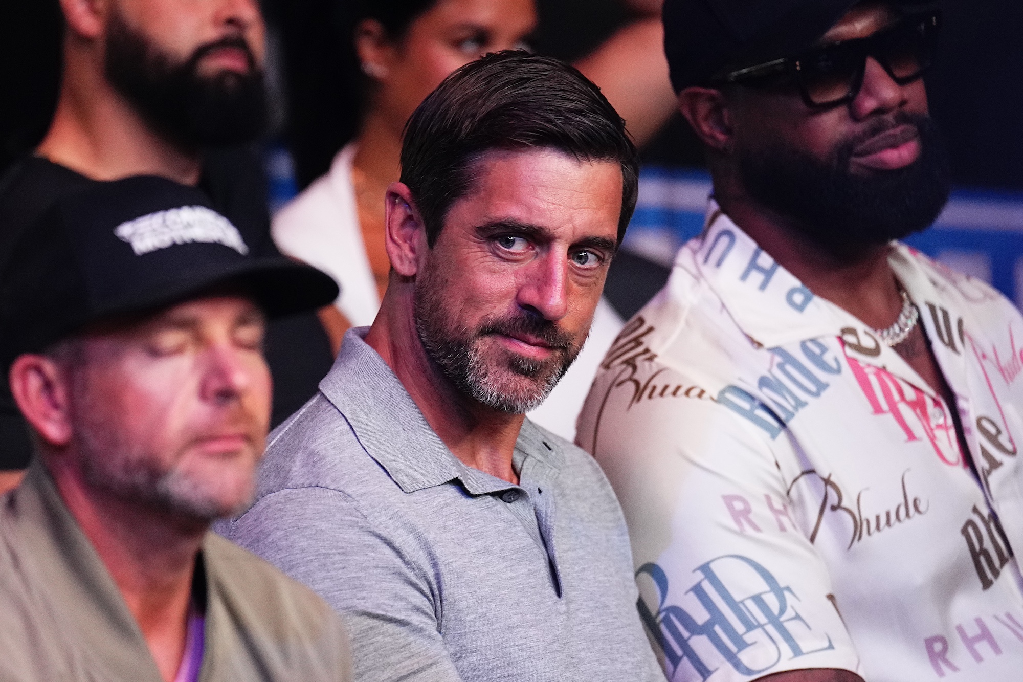 LAS VEGAS, NEVADA - JUNE 29: New York Jets quarterback Aaron Rodgers looks on during the UFC 303 event at T-Mobile Arena on June 29, 2024 in Las Vegas, Nevada. (Photo by Chris Unger/Zuffa LLC via Getty Images)