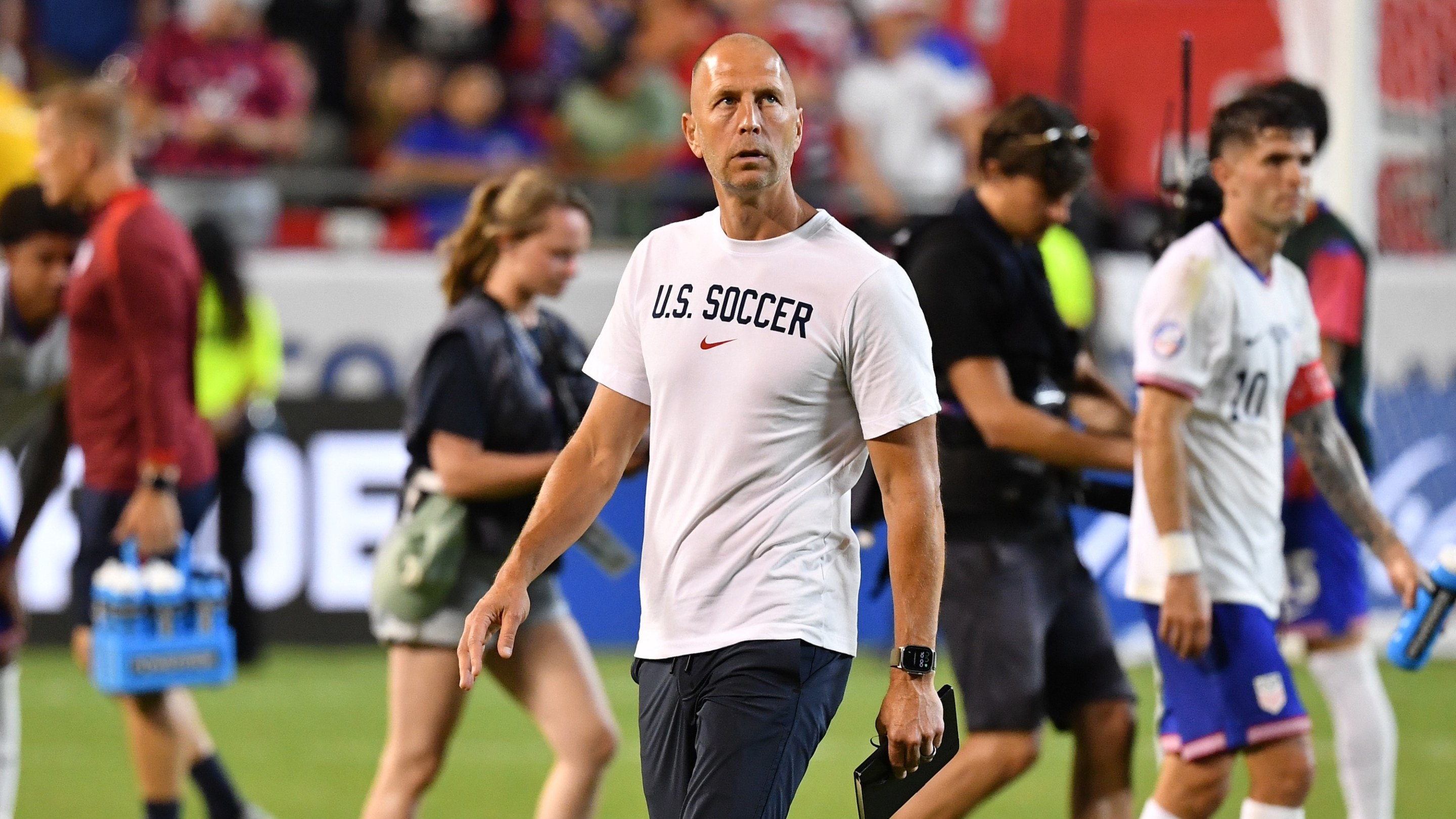 KANSAS CITY, MISSOURI - JULY 1: United States Head Coach Gregg Berhalter walks across the field at the end of the CONMEBOL Copa America group C match between the United States and Uruguay at GEHA Field at Arrowhead Stadium on July 1, 2024 in Kansas City, Missouri. (Photo by Bill Barrett/ISI Photos/USSF/Getty Images for USSF)KANSAS CITY, MISSOURI - JULY 1: during the CONMEBOL Copa America group C match between the United States and Uruguay at GEHA Field at Arrowhead Stadium on July 1, 2024 in Kansas City, Missouri. (Photo by Bill Barrett/ISI Photos/USSF/Getty Images for USSF)