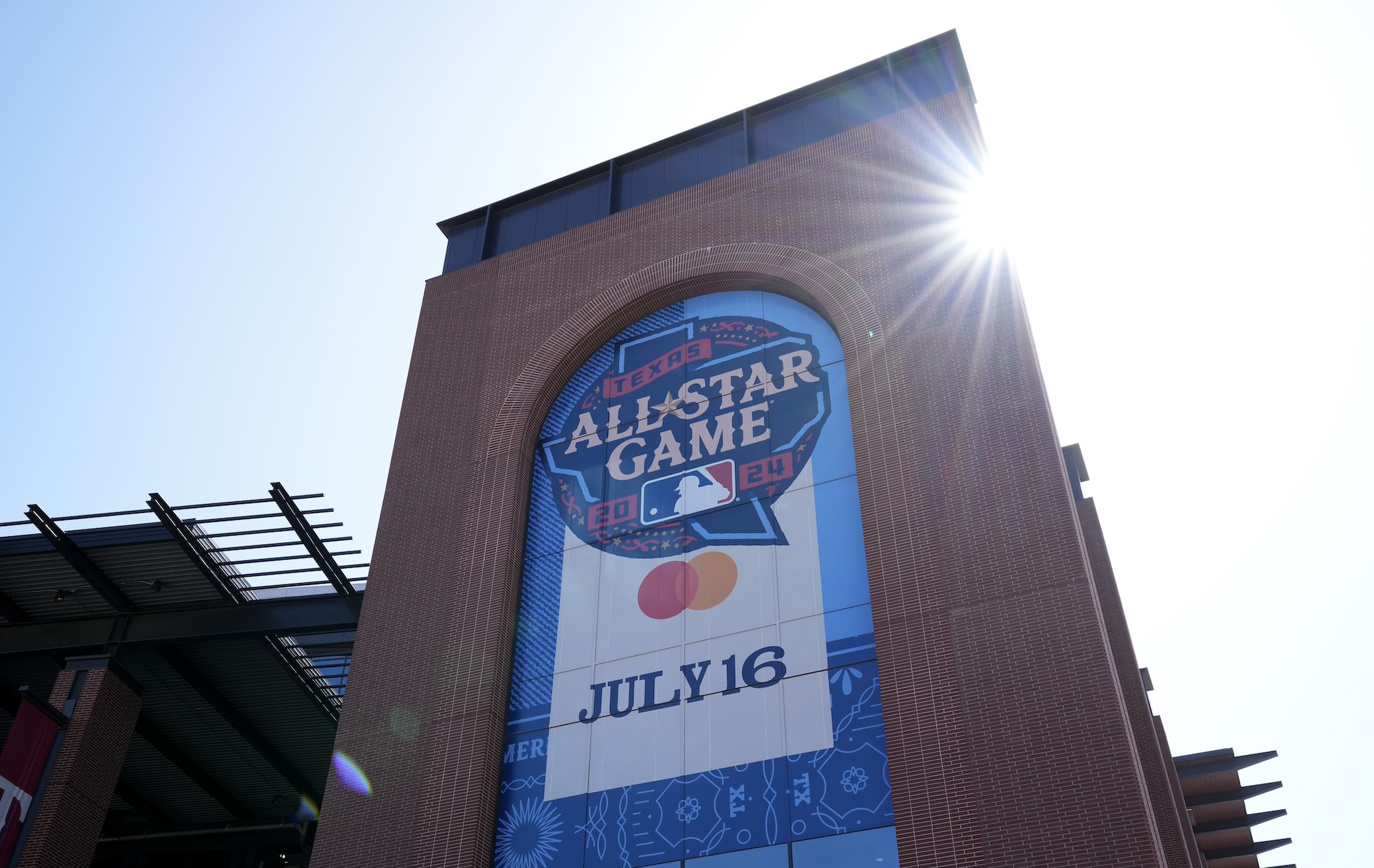 ARLINGTON, TEXAS - JULY 02: A general view of signage promoting the 2024 MLB All Star Game is shown outside the ballpark before the game bw at Globe Life Field on July 02, 2024 in Arlington, Texas. (Photo by Sam Hodde/Getty Images)