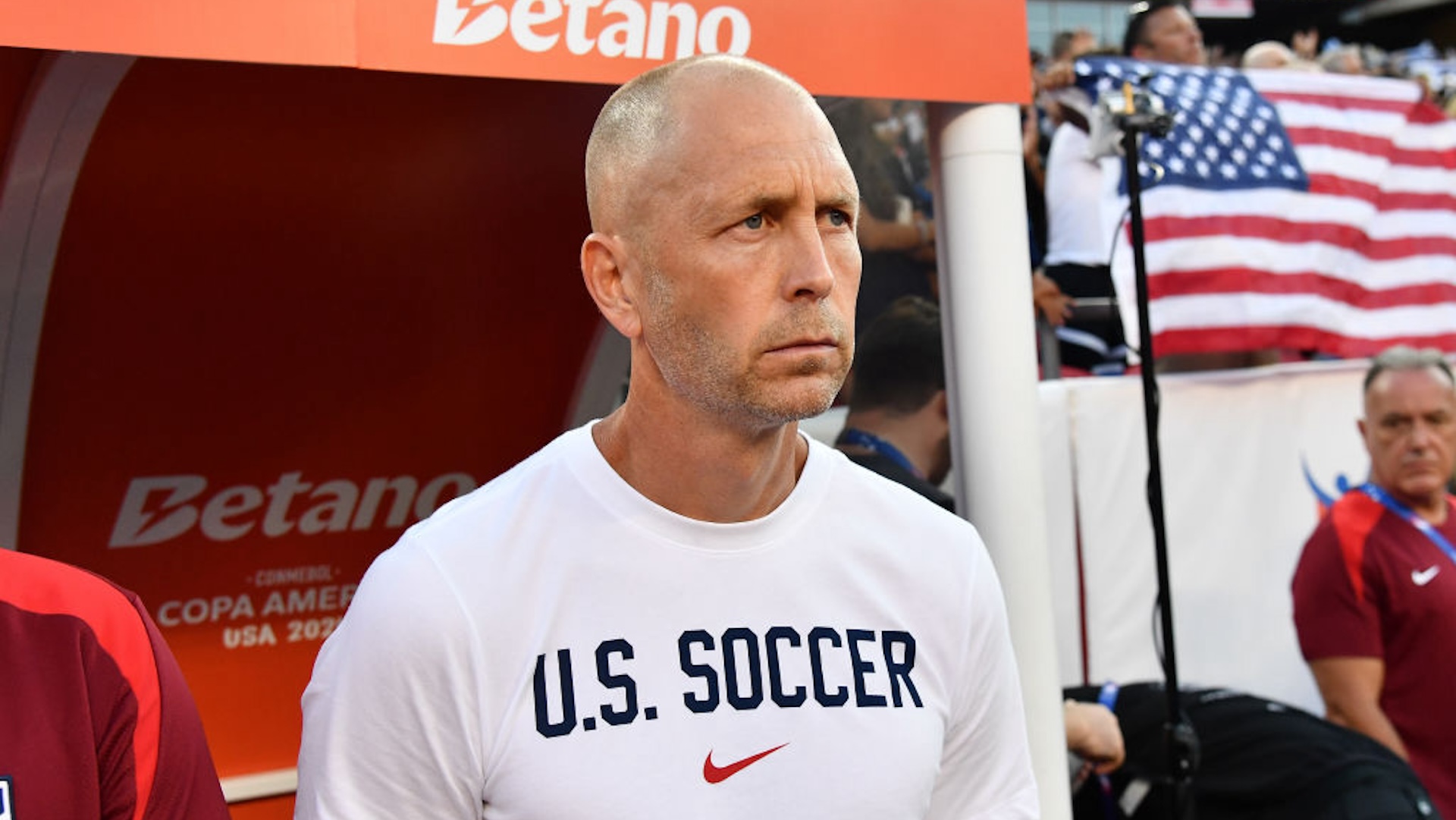 Gregg Berhalter Head Coach of the United States during the National Anthem before the CONMEBOL Copa America group C match between the United States and Uruguay at GEHA Field at Arrowhead Stadium on July 1, 2024 in Kansas City, Missouri.