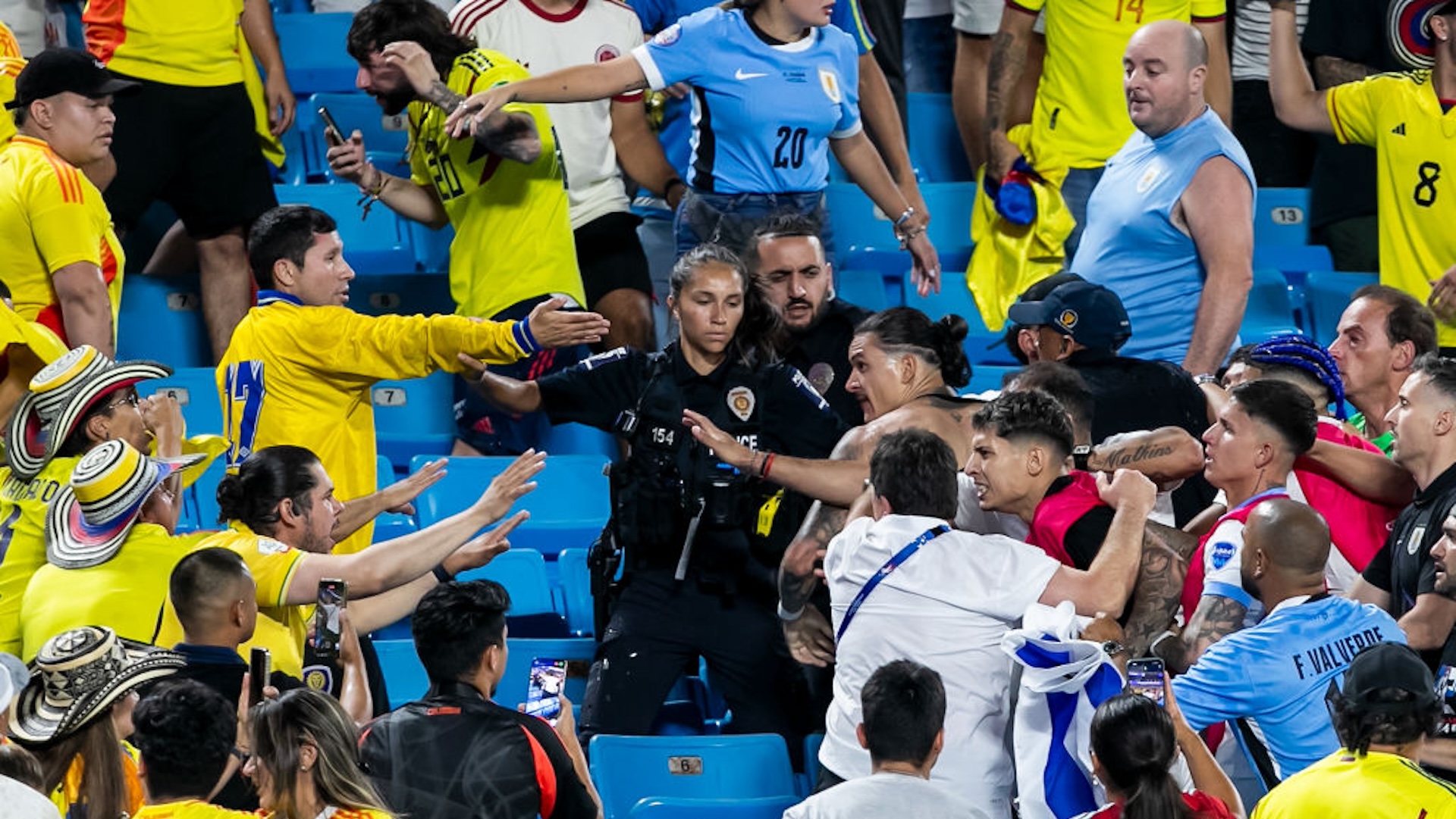Uruguay forward Darwin Núñez (19) engages with hostile fans in the stands after the CONMEBOL Copa America semifinal between Uruguay and Colombia on Wednesday July 10, 2024 at Bank of America Stadium in Charlotte, NC.