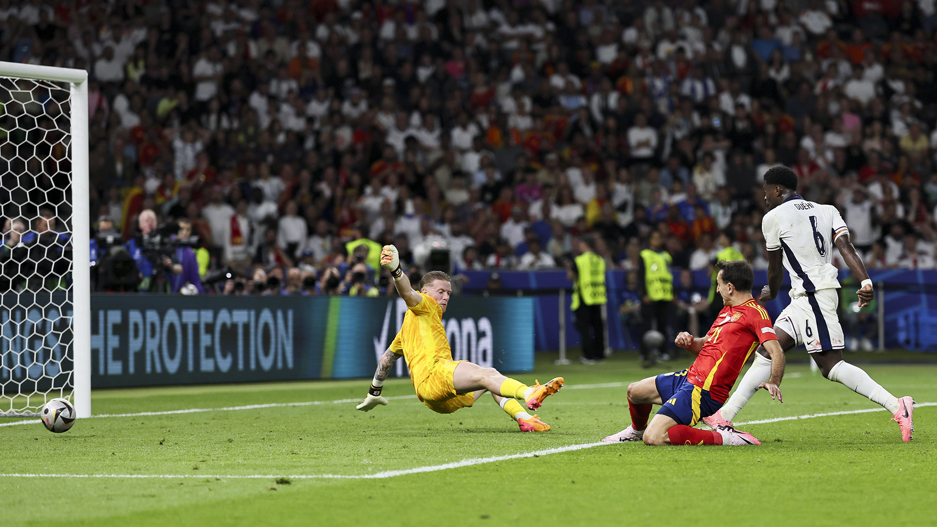Mikel Oyarzabal of Spain scores his sides second goal during the UEFA EURO 2024 final match between Spain and England at Olympiastadion on July 14, 2024 in Berlin, Germany.