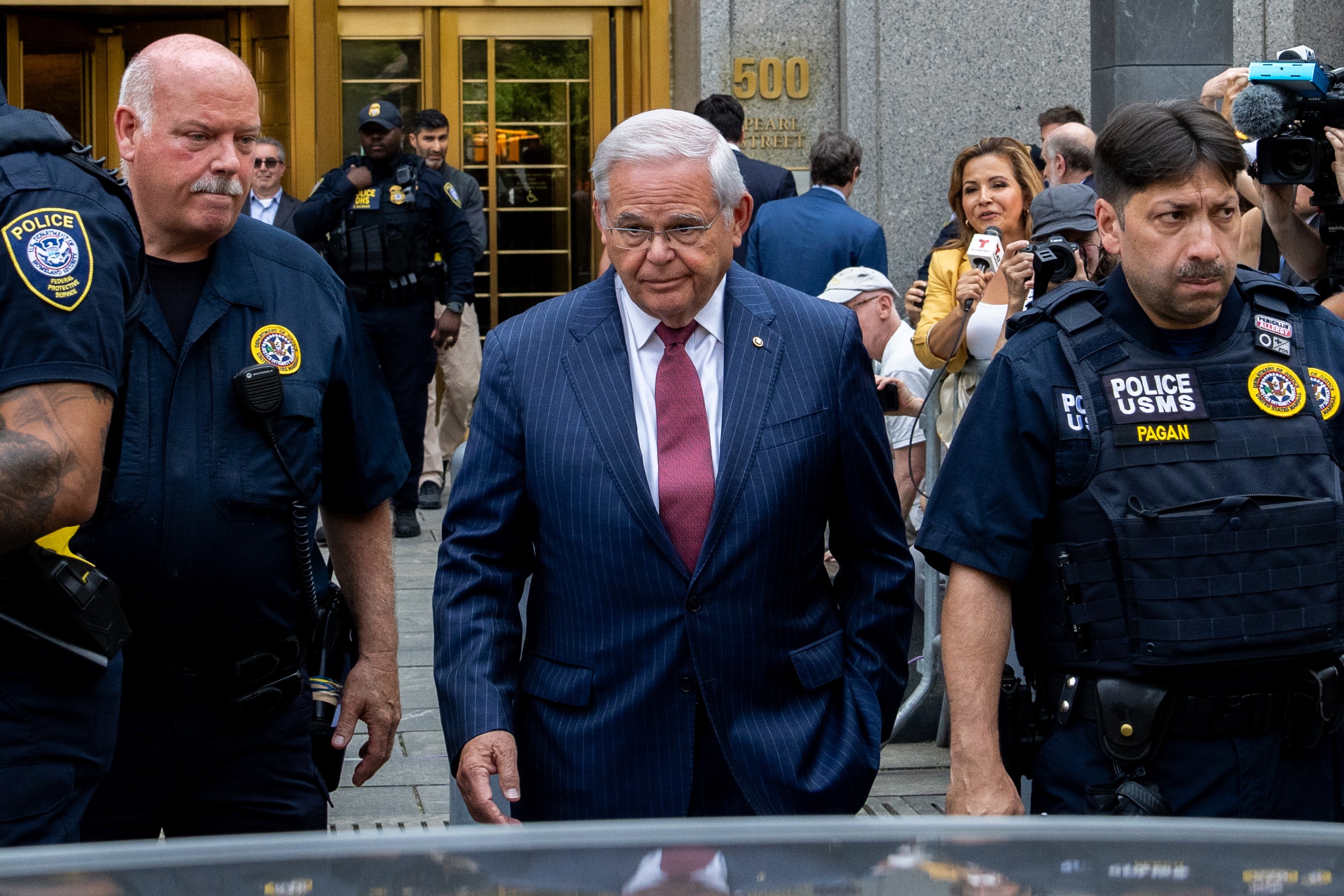 U.S. Sen. Bob Menendez (D-NJ) exits Manhattan federal court on July 16, 2024 in New York City. Menendez and his wife Nadine are accused of taking bribes of gold bars, a luxury car, and cash in exchange for using Menendez's position to help the government of Egypt.