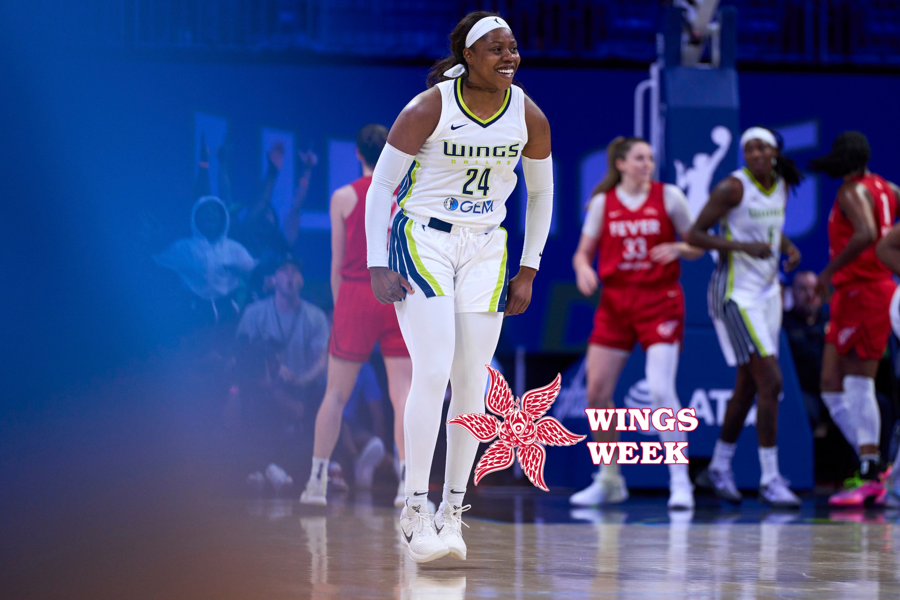 Arike Ogunbowale #24 of the Dallas Wings celebrates after a play against the Indiana Fever at the College Park Center on July 17, 2024 in Arlington, Texas.