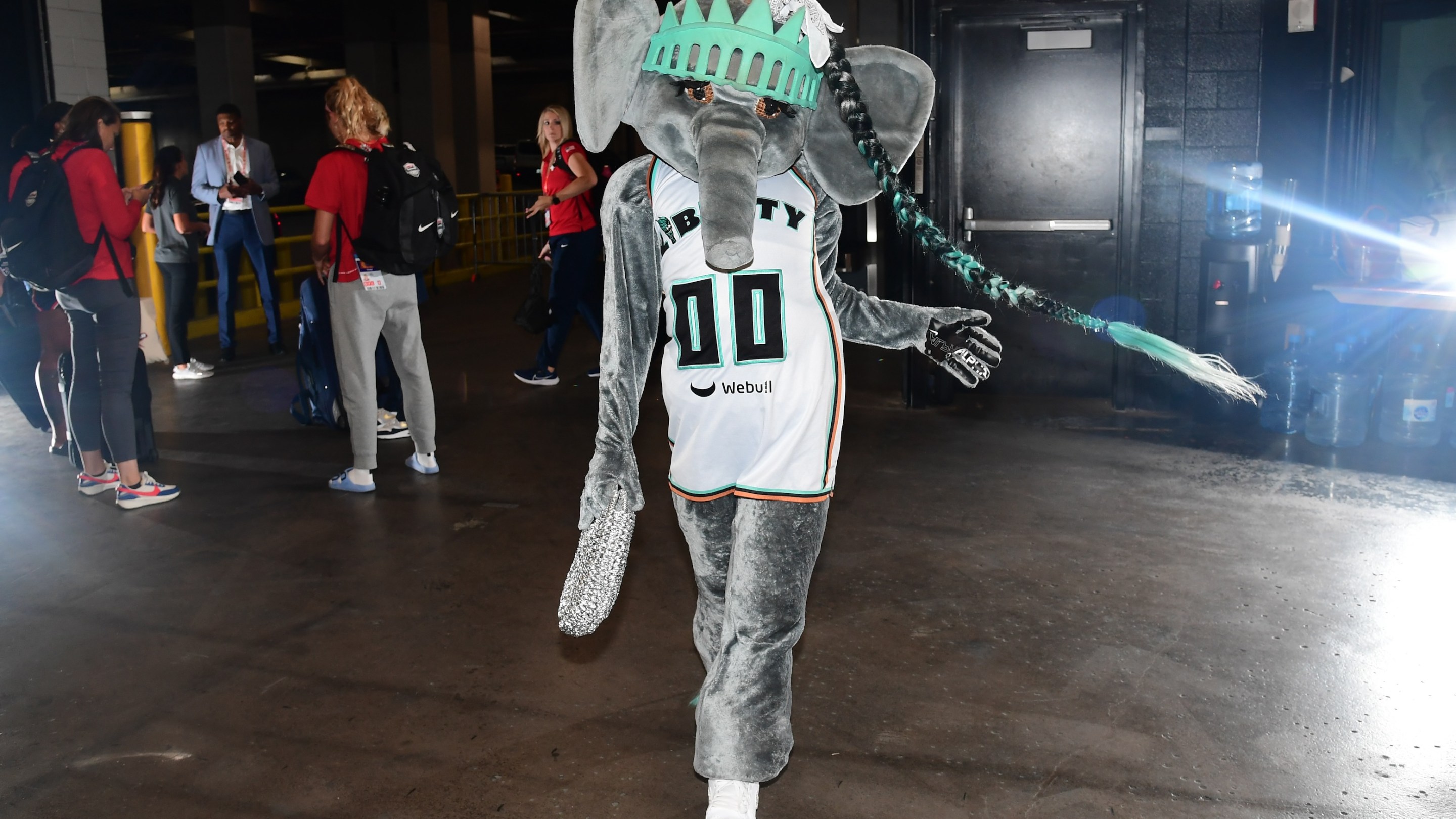 Ellie the Elephant Mascot of the New York Liberty arrives to the arena before the Kia Skills Challenge and Starry 3 point contest on July 19, 2024.